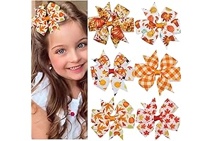 6Pcs Fall Thanksgiving Hair Bow Clips with Maple Leaf Pumpkin Design for Girls