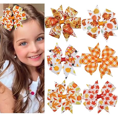 6Pcs Fall Thanksgiving Hair Bow Clips with Maple Leaf Pumpkin Design for Girls