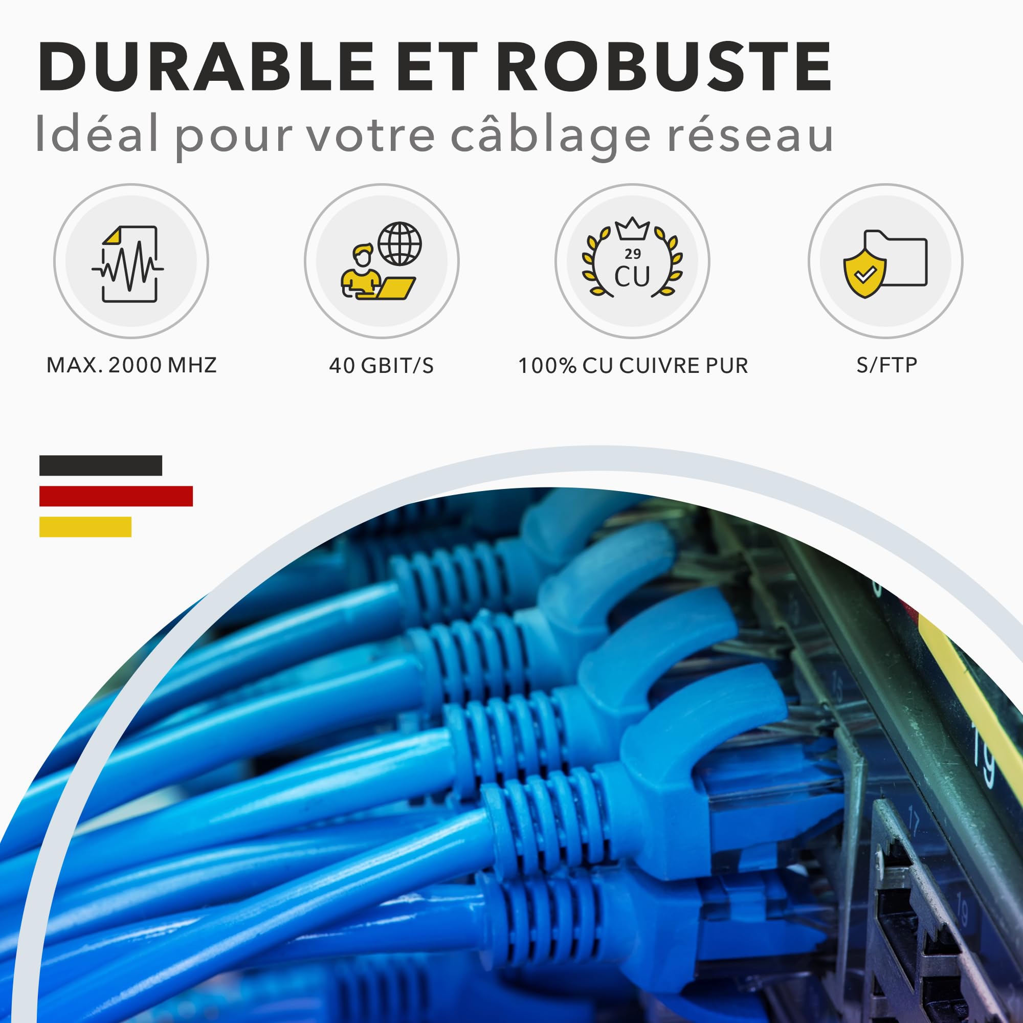 RedStar24 Câble Ethernet CAT 8 50m Bleu - Câble de Réseau CAT8.1 - Câble d'installation LAN sans halogène S/FTP, Transmission jusqu'à 40 Gbit/s, 2000MHz, Câblage de données, Cuivre solide, AWG22