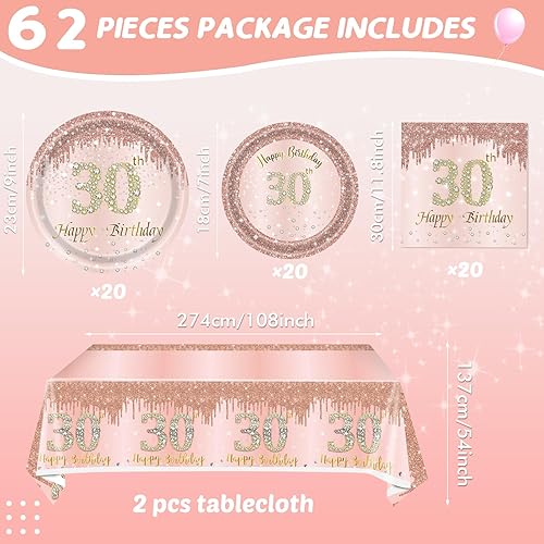 Miniatura 2 de 62 piezas de decoraciones de cumpleaños número 30 para mujer, suministros de fiesta de cumpleaños de oro rosa incluyen 40 platos, 20 servilletas y