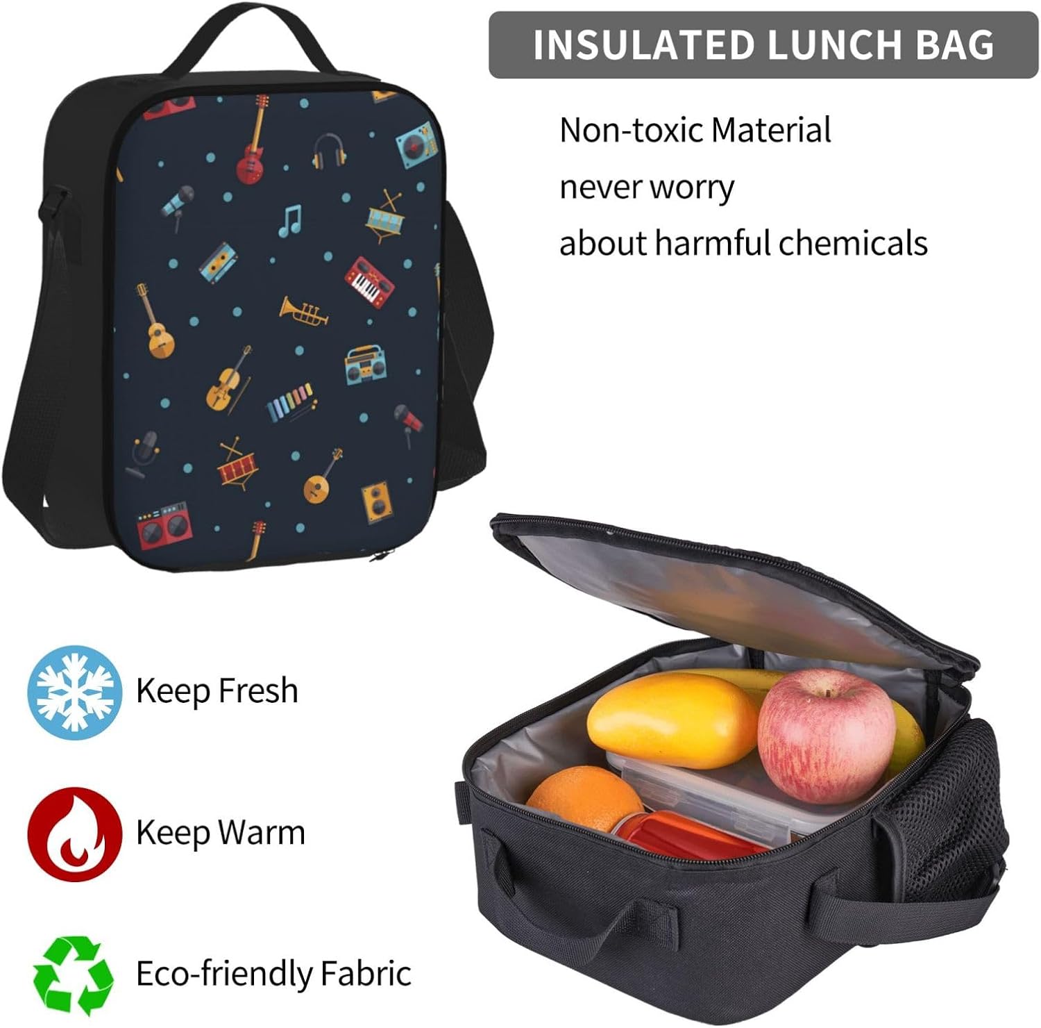 Guitar Violin Musical Instrument Pattern 3 Piece Backpack Sets With Lunch Bag Pencil Case Combination Hiking Travel Work