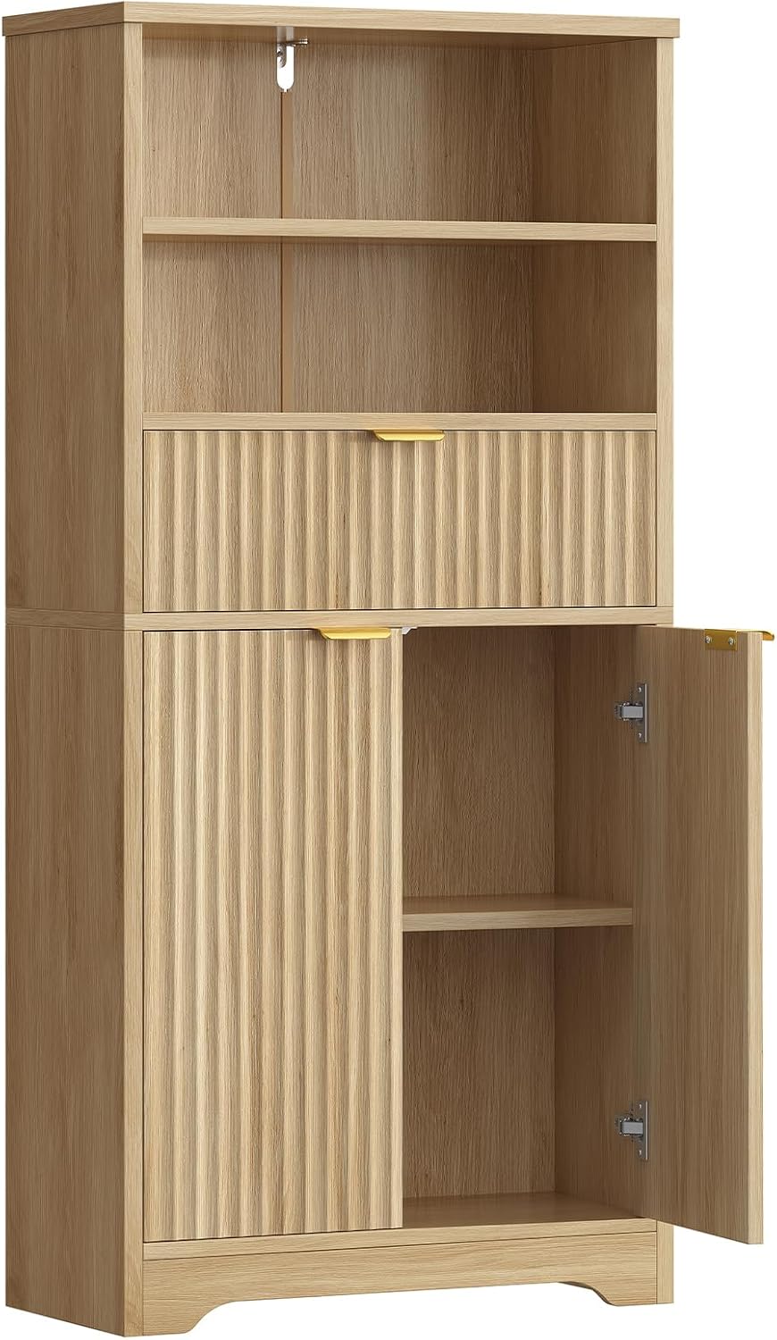 TEENFON Tall Storage Cabinet with Adjustable Shelf & Drawer, Fluted Cabinet with Doors, Kitchen Pantry Cabinets, Bathroom Storage Cabinets, for Living Room, Entryway, Home Office, Natural