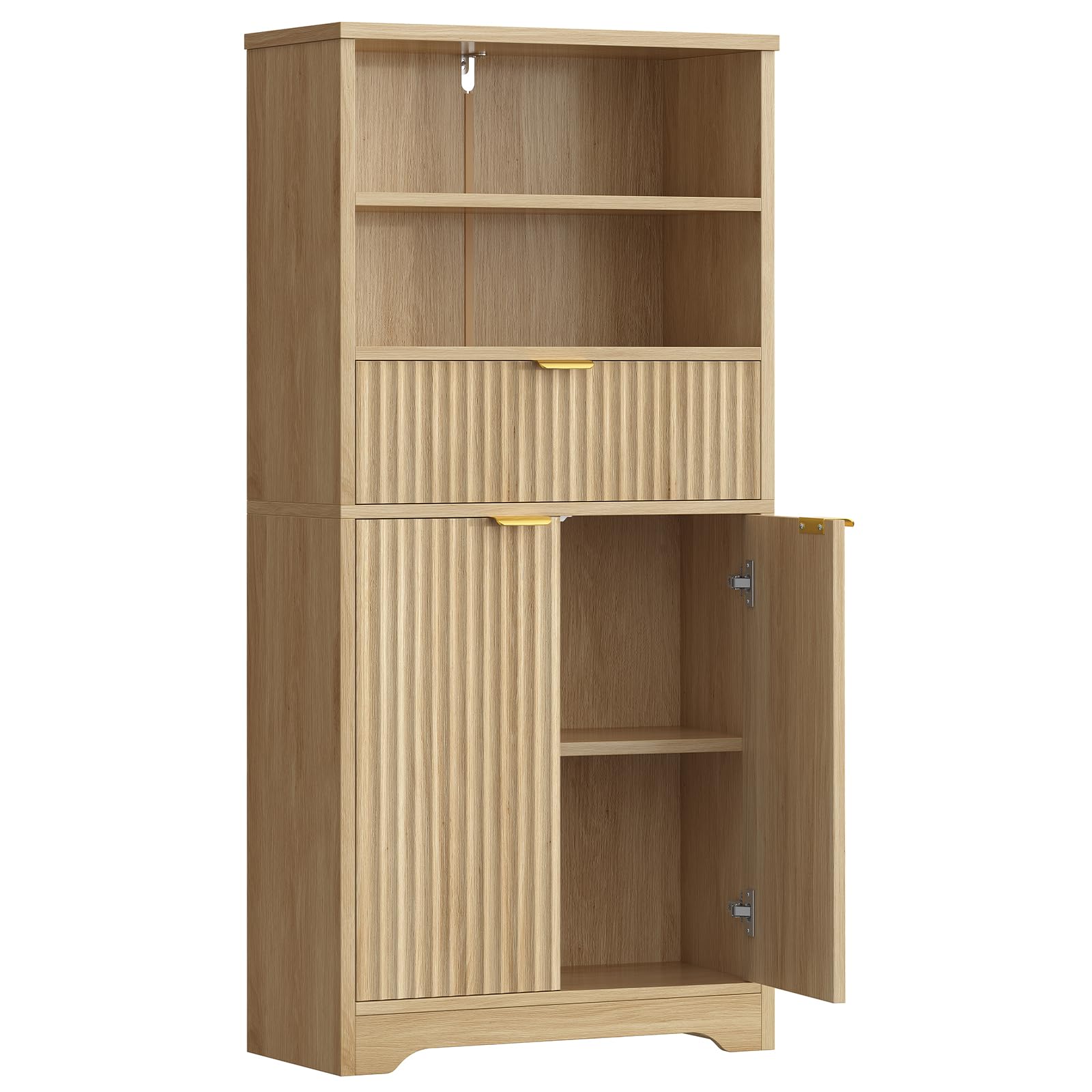 TEENFON Tall Storage Cabinet with Adjustable Shelf &amp; Drawer, Fluted Cabinet with Doors, Kitchen Pantry Cabinets, Bathroom Storage Cabinets, for Living Room, Entryway, Home Office, Natural