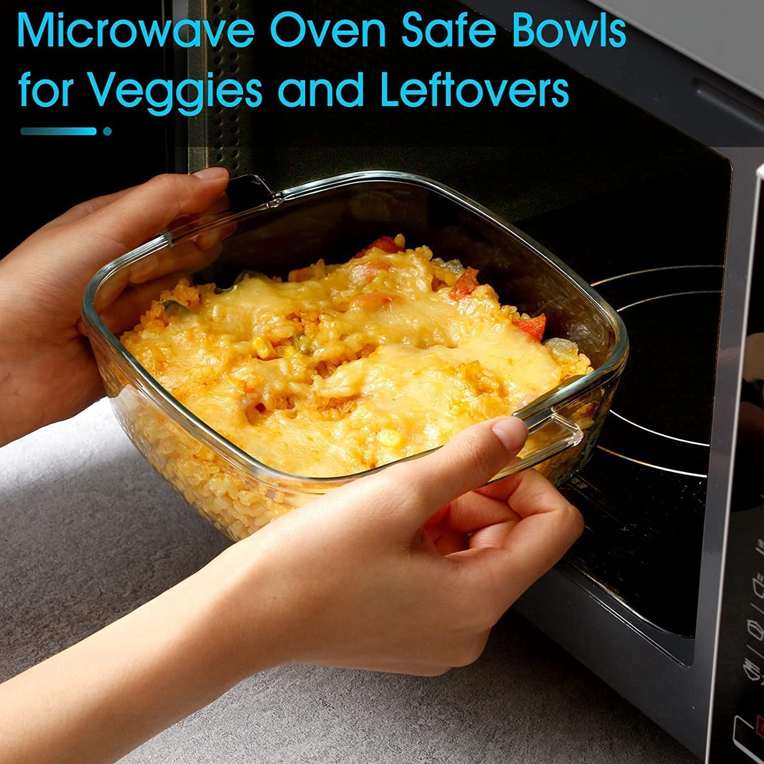 Ezalla 1000ml Glass Casserole Bowl with Lid Oven Safe Square Solid Glass Deep Casserole Bowl with Handles, Microwave Bowl with Cookware Container with lid Pack of 2