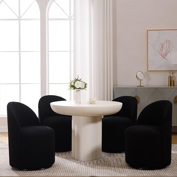 Wahson Boucle Swivel Dining Chair Set of 4, Modern Upholstered Barrel Accent Chair with 360 Degree Rotation, Black Vanity Chair for Dining/Living Room, Bedroom, Makeup Room