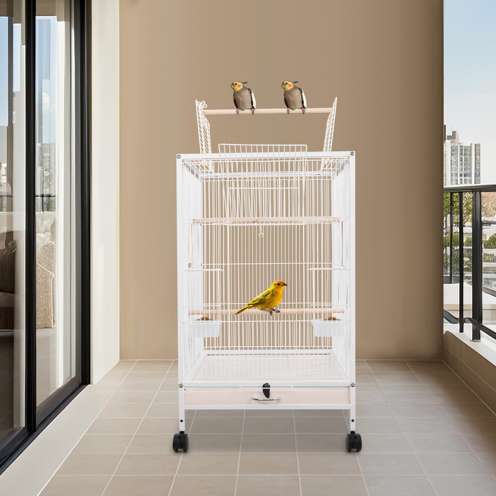 Jaula grande para pájaros, jaula interior para loros, pajarera de metal con ruedas de transporte, apertura hacia arriba, jaula para pájaros, 46 x 46 x 94 cm, jaula para periquitos con 3 perchas