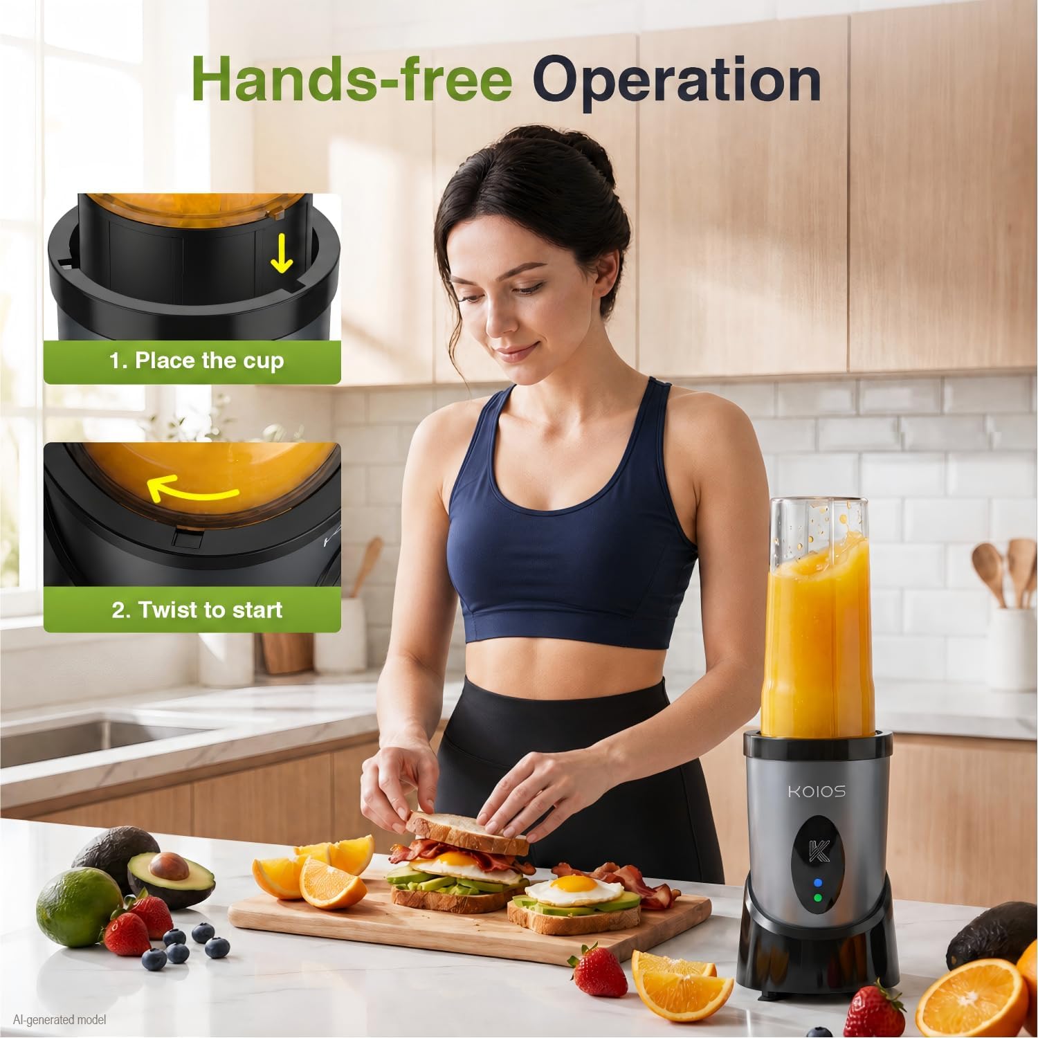 KOIOS Licuadora de batidos de 900 W, licuadora personal para batidos y batidos con 2 botellas batidoras portátiles sin BPA y tapas para llevar, batidora de una sola porción para jugos, comida de bebé