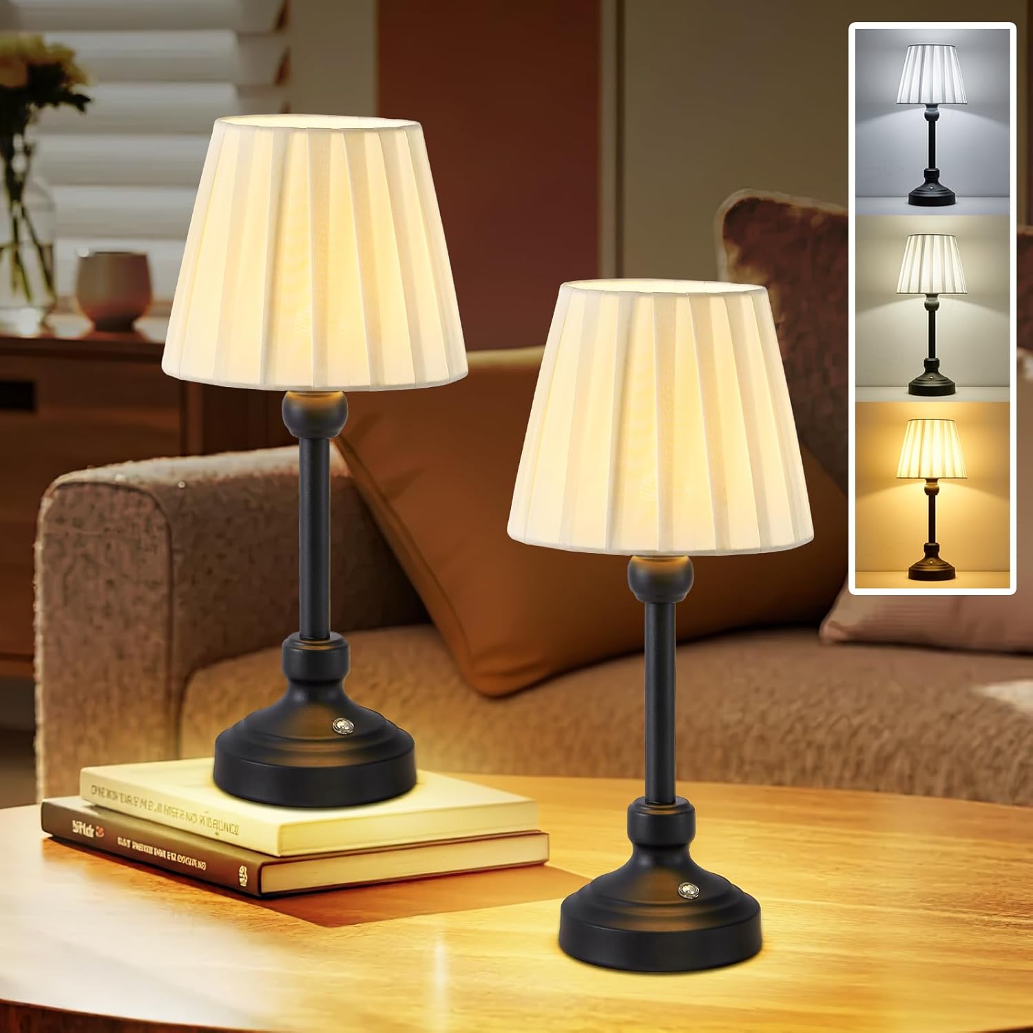 Small Cordless Table Lamp for Living Room,Side Bedside Led Modern Desk Lamps for Bedroom,Rechargeable Battery Operated End Table Lamp for Farmhouse,Restaurant,Entryway (Black, 2 Pack)
