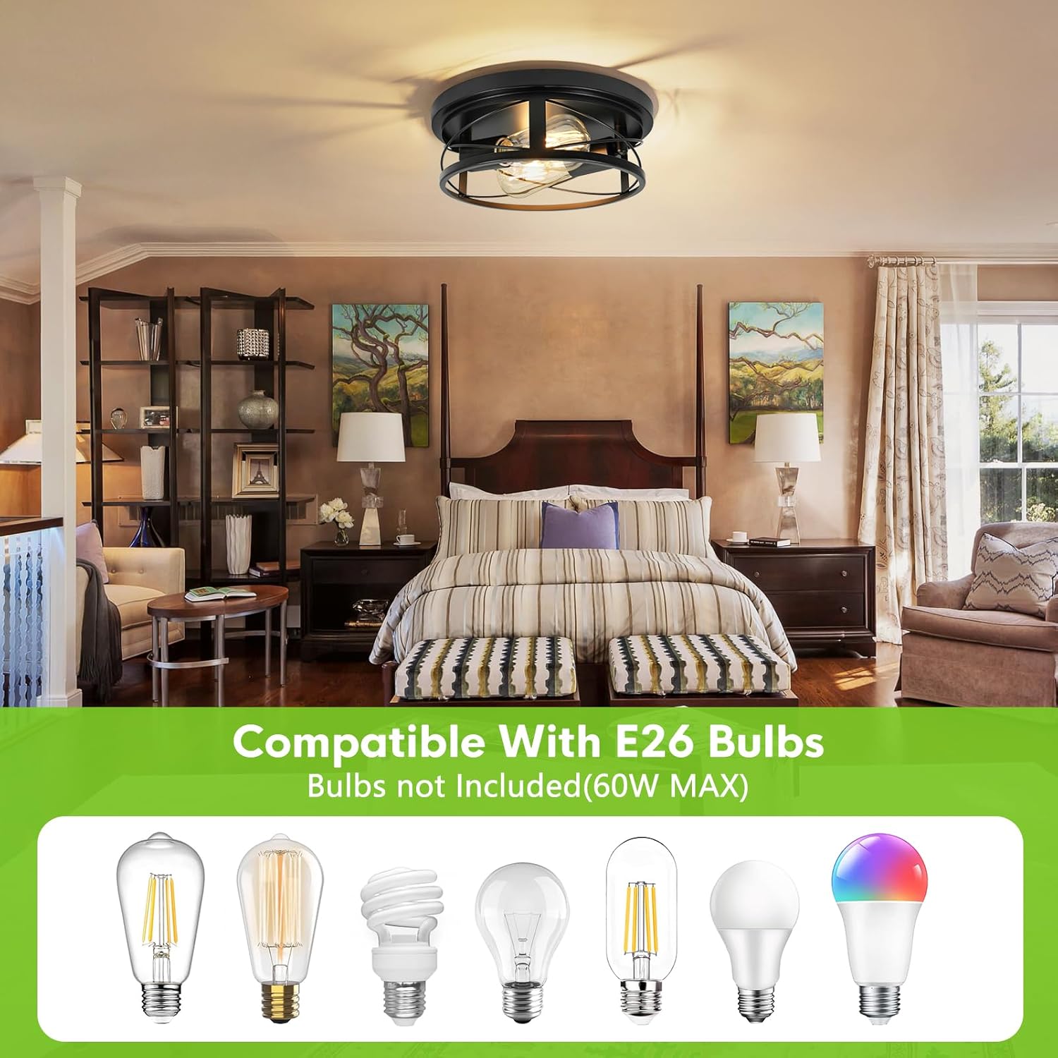 2 Pack Farmhouse Ceiling Light - Dimmable Rustic Black Flush Mount E26(not incude Bulb) Industrial Ceiling Modern Led Light for Hallway Bathroom Kitchen Bedroom (Black, 10 Inch)