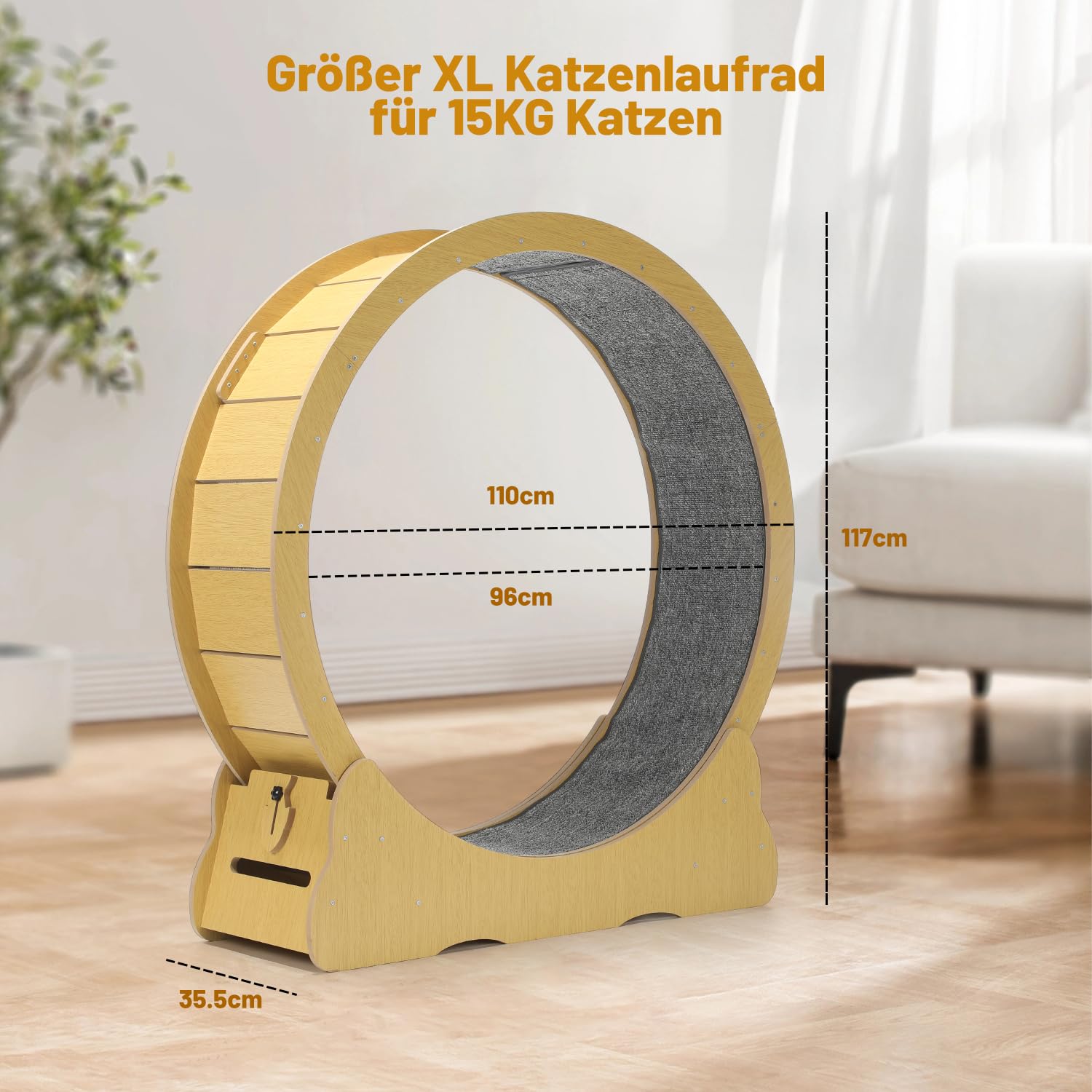 100cm Katzenlaufrad Indoor, großes Katzenrad aus Holz mit Teaser, leises Laufrad für Katzen 2-22kg, Katzen Treadmill mit Sicherheitsschloss & Rutschfester Lauffläche, für Wohnung und Haus, Gelb