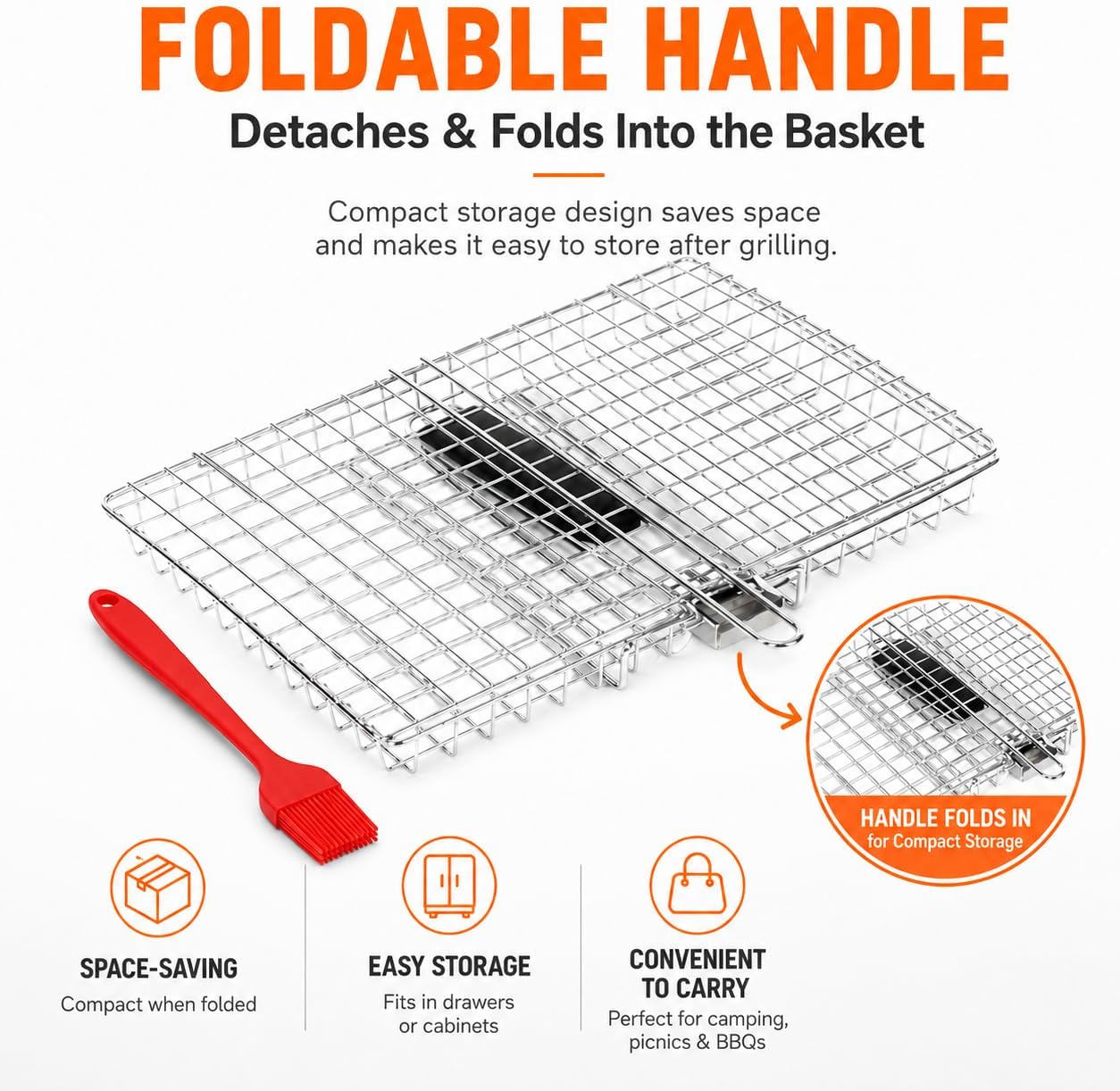 Grill Basket, Grilling Basket Outdoor with Removable Foldable Handle, Stainless BBQ Camping Cooking Tool with Meat Skewers, Oil Brush,Scrub Sponge for Fish, Vegetable, Shrimp for Men Dad Husband image 5