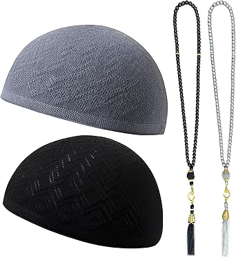 2 Pack Kufi Hats for Men Muslim, Breathable Crochet Prayer Cap Taqiyah, Handicraft Skull Beanie with Tasbih 99 Beads, Islamic Clothing Accessories for Prayer