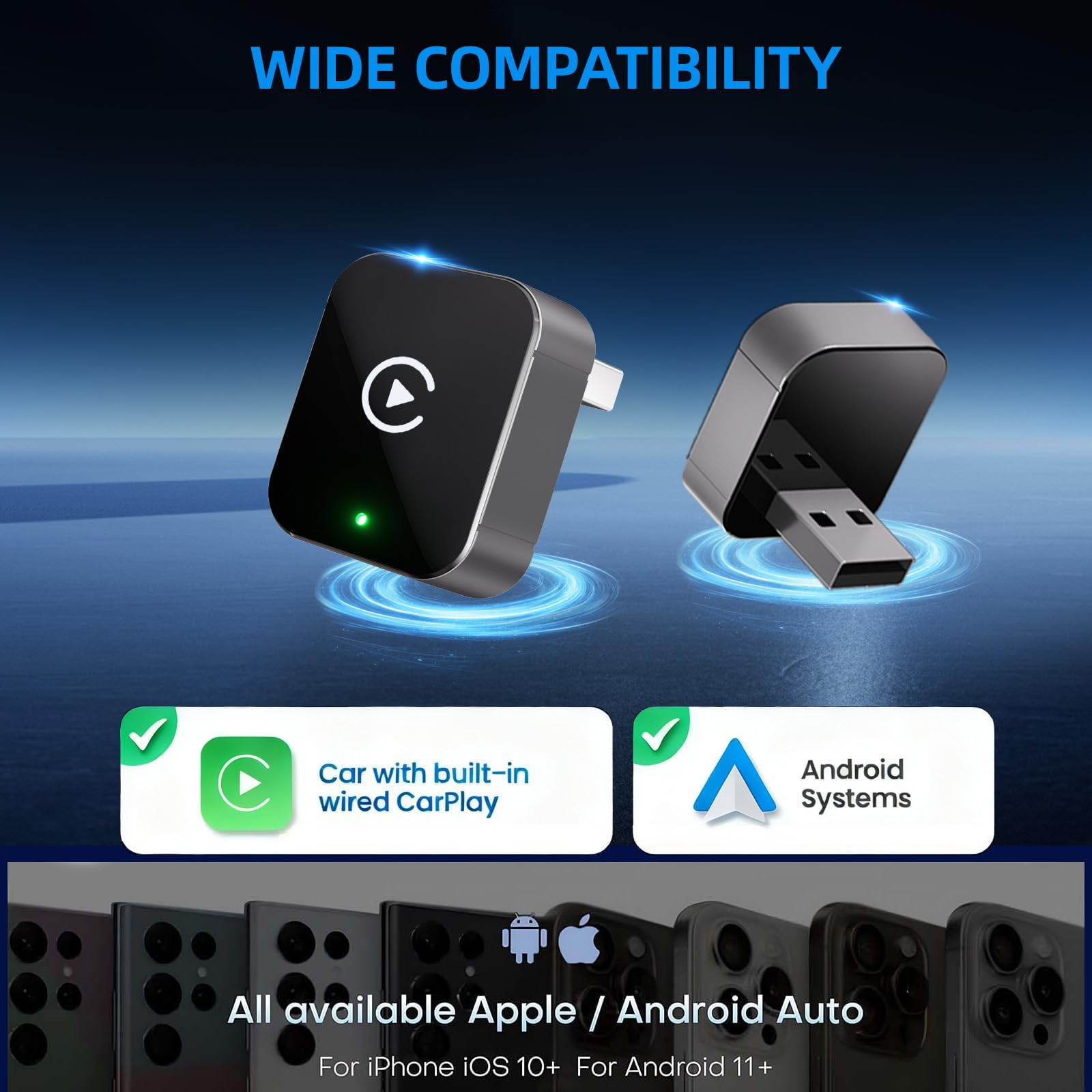 OVVOFPP Adaptateur CarPlay sans Fil Nouvelle édition 2026,2-in-1 Interface Type-C/USB,Connexion Rapide Stable,Compatible avec iOS 12+/Android 11+ et Les Véhicules Fabriqués Après 2016