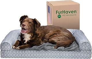 Furhaven Cozy Memory Foam Dog Bed for Large Dogs w/ Removable Bolsters & Washable Cover, For Dogs Up to 95 lbs - Plush & Diamond Print Nest Top Sofa - Gray, Jumbo/XL