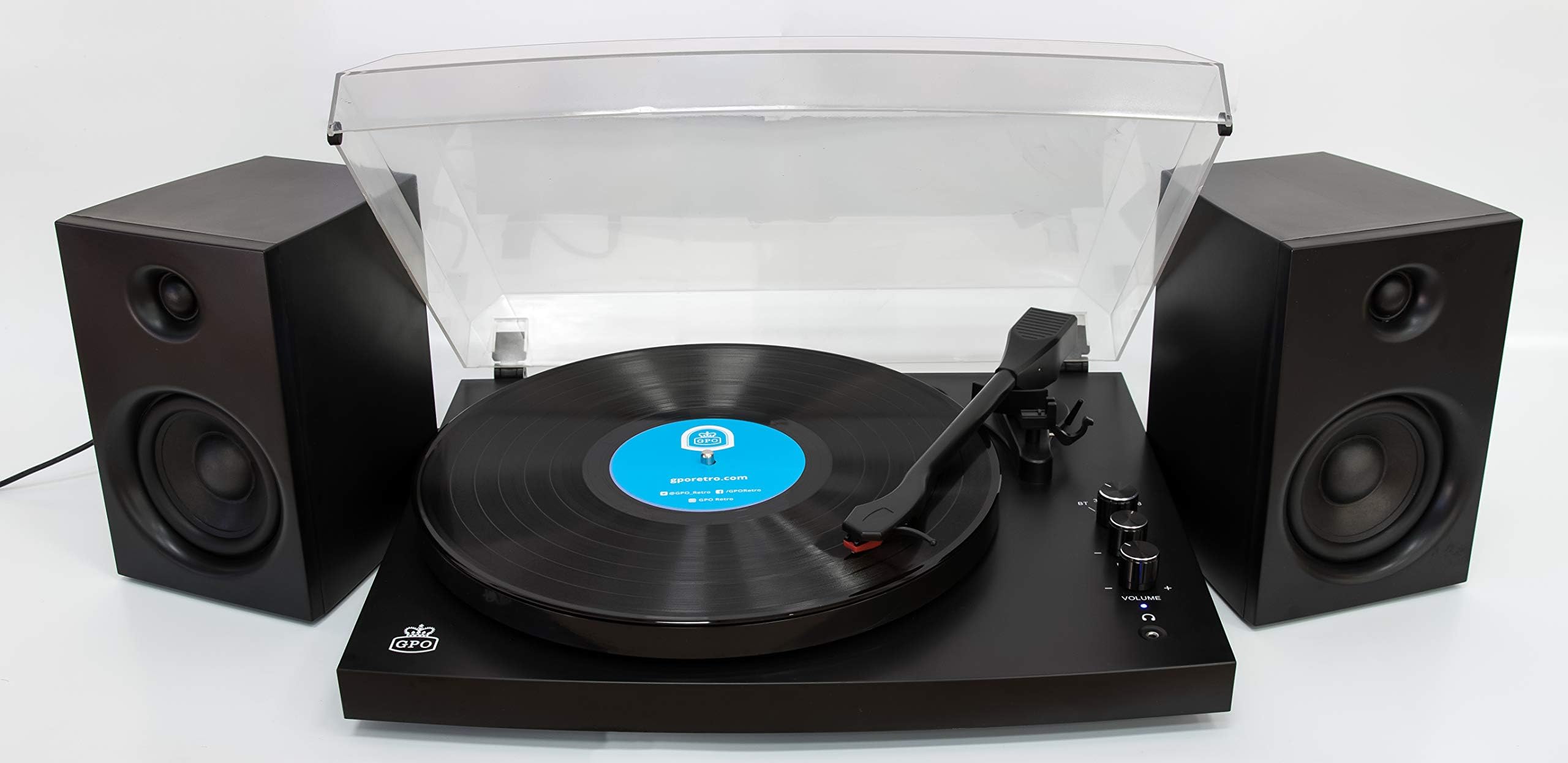 GPO Piccadilly Retro Bluetooth 3-Speed Turntable, Record Player with Pitch, Volume Control, Auto Stop Function, Perspex Lid and External Speakers, Black