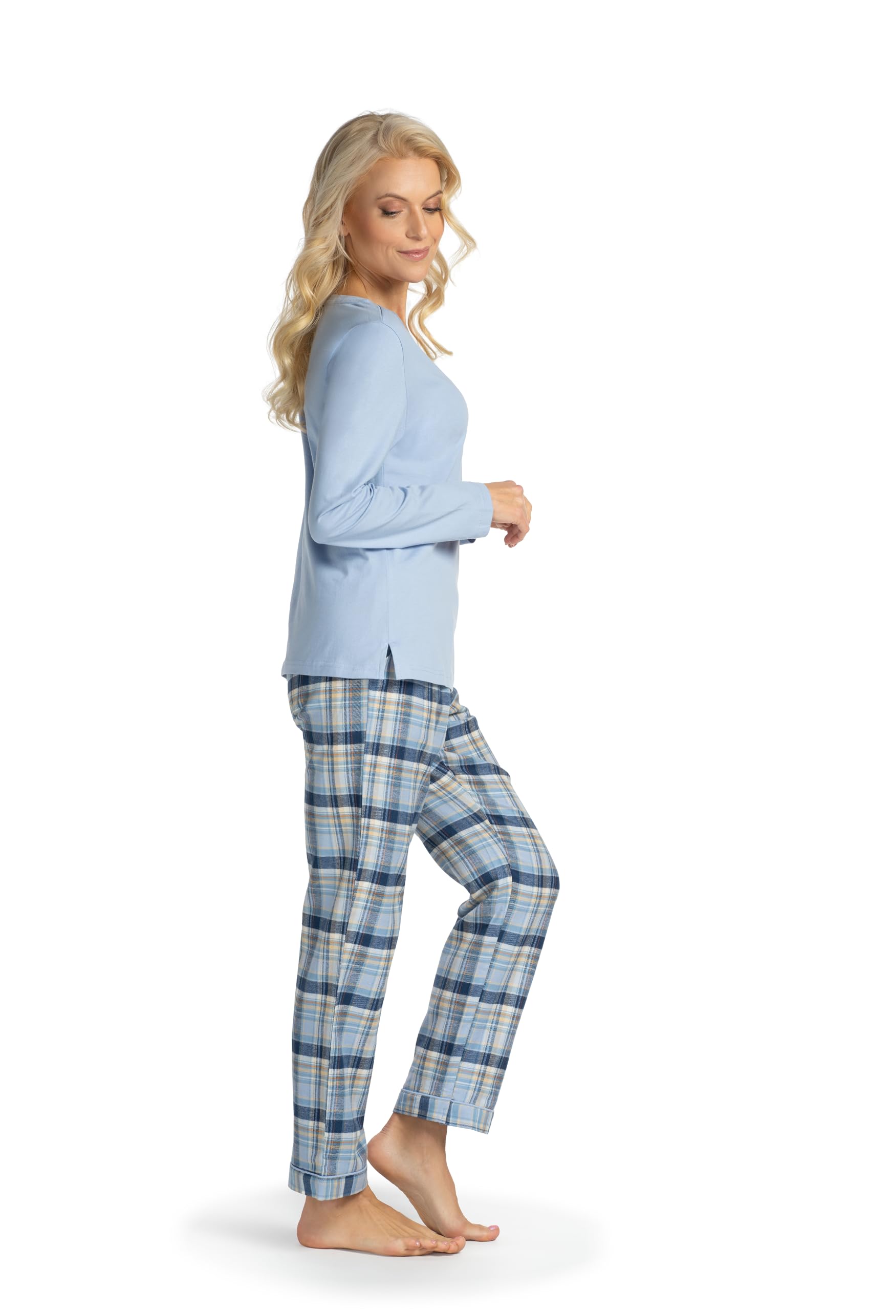 Consult-Tex Damen Langarm Pyjama Schlafanzug aus 100% Baumwolle Flanell Kuschel-Qualität. Mit dehnbarem Hosenbund und Langarm Shirt. Weich fließende und lockerer Schnitt.