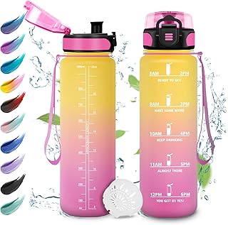 Sport Trinkflasche 1L, Auslaufsichere Wasserflasche mit Filter, Trinkflasche Sport mit Zeitmarkierung, Kohlensäure Geeignet, Sportflasche für Gym, Schule, Erwachsener, Outdoor, Camping, Yoga
