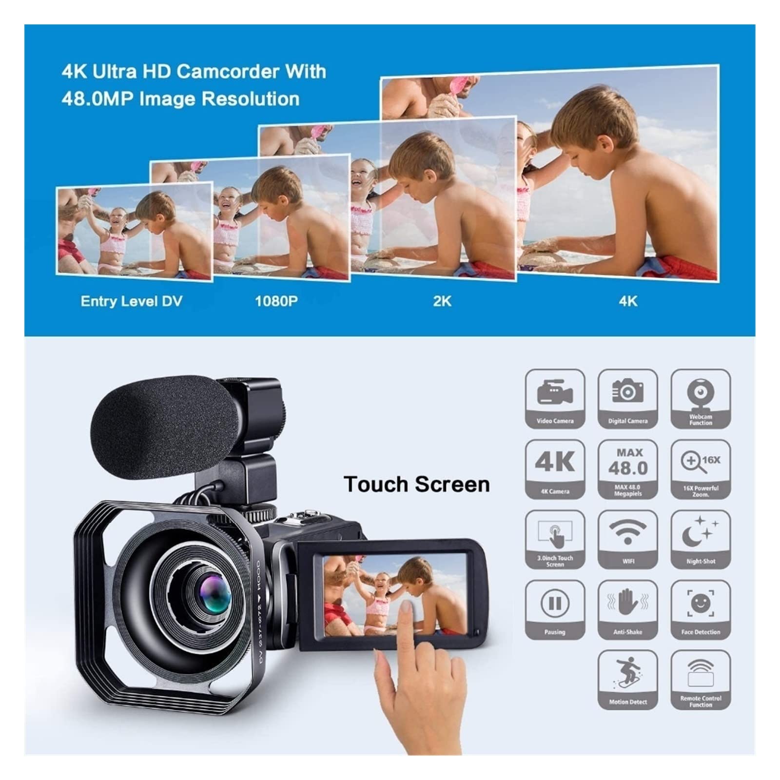 Macchinetta Digitale, Videocamera Digitale Full 4K Videocamere Videocamere digitali Live Streaming Fotografia 18X Vlogging Recorder Webcam Ultra HD(64G SD Card,Camera Knit 3)
