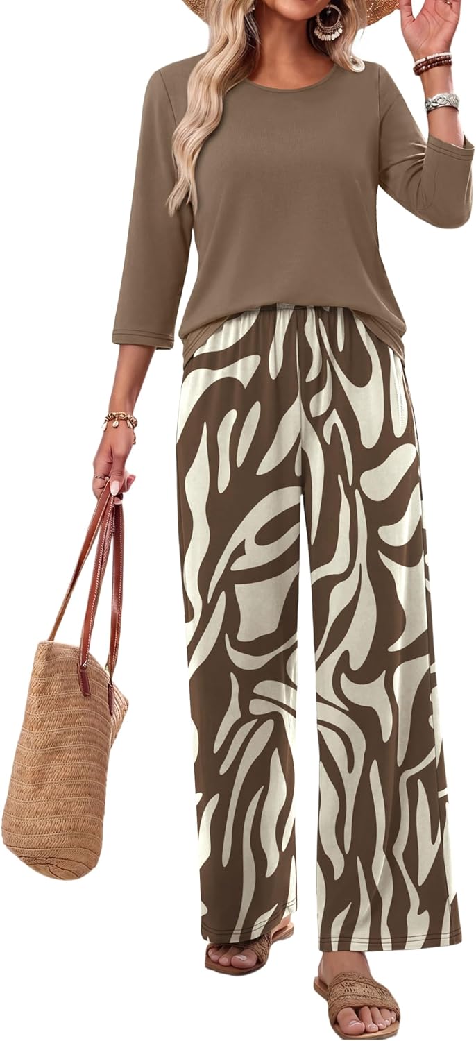 WIHOLL Two Piece Sets for Women Lounge 3/4 Length Sleeve Womens Tops Graphic Pants with Pockets Summer Outfits 2026 image 3