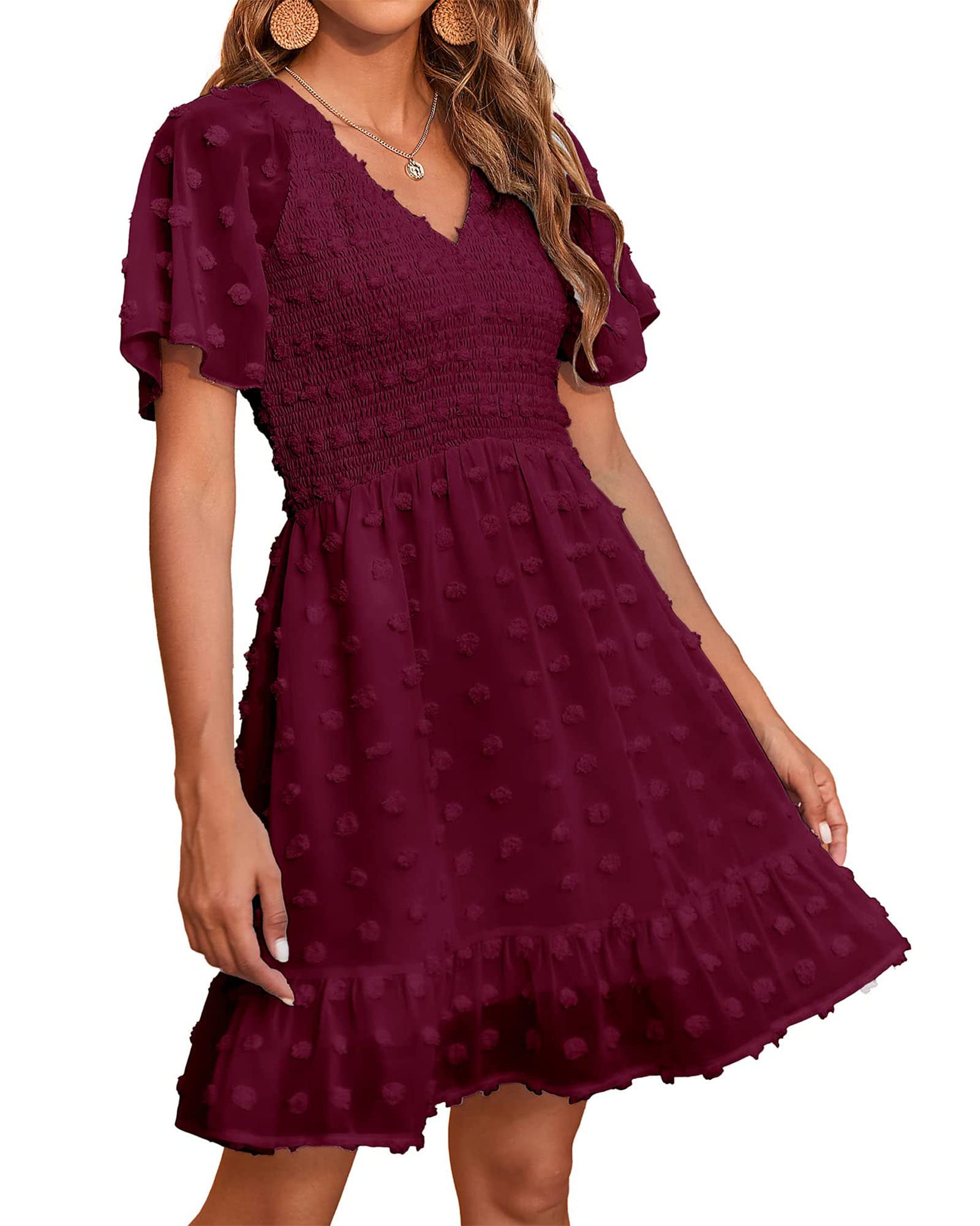 BTFBM Womens Beach Vacation Dress Summer 2026 V Neck Short Sleeve Smocked Swiss Dot Ruffle Casual Spring Mini Dresses