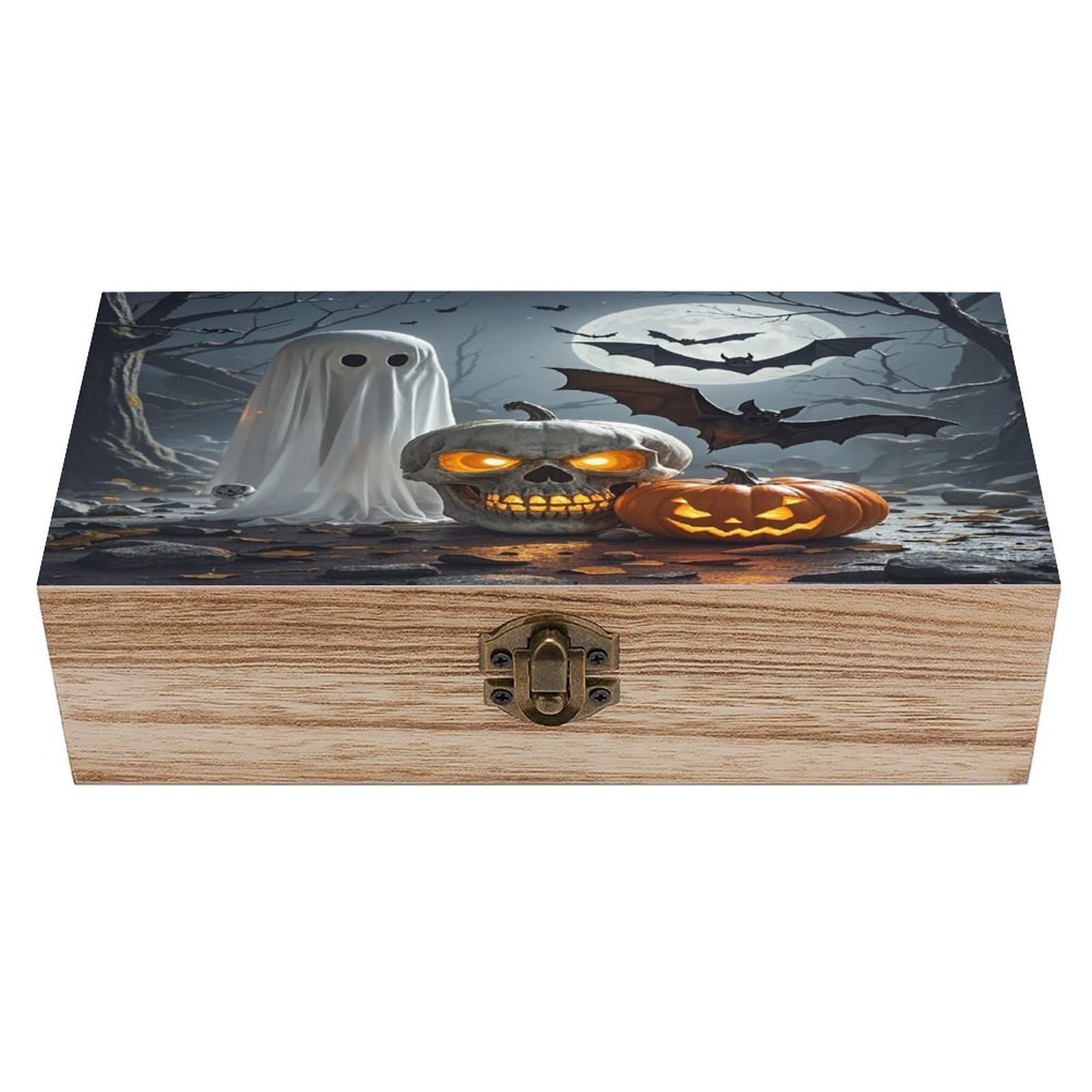 VstaDank Pumpkin Lantern Ghost Wooden Storage Box Wooden Keepsake Box with A Hinged Lid Fashion Memory Treasure Boxes Decorative Jewelry Case for Crafts Photo Home Decor Wood Gift Box