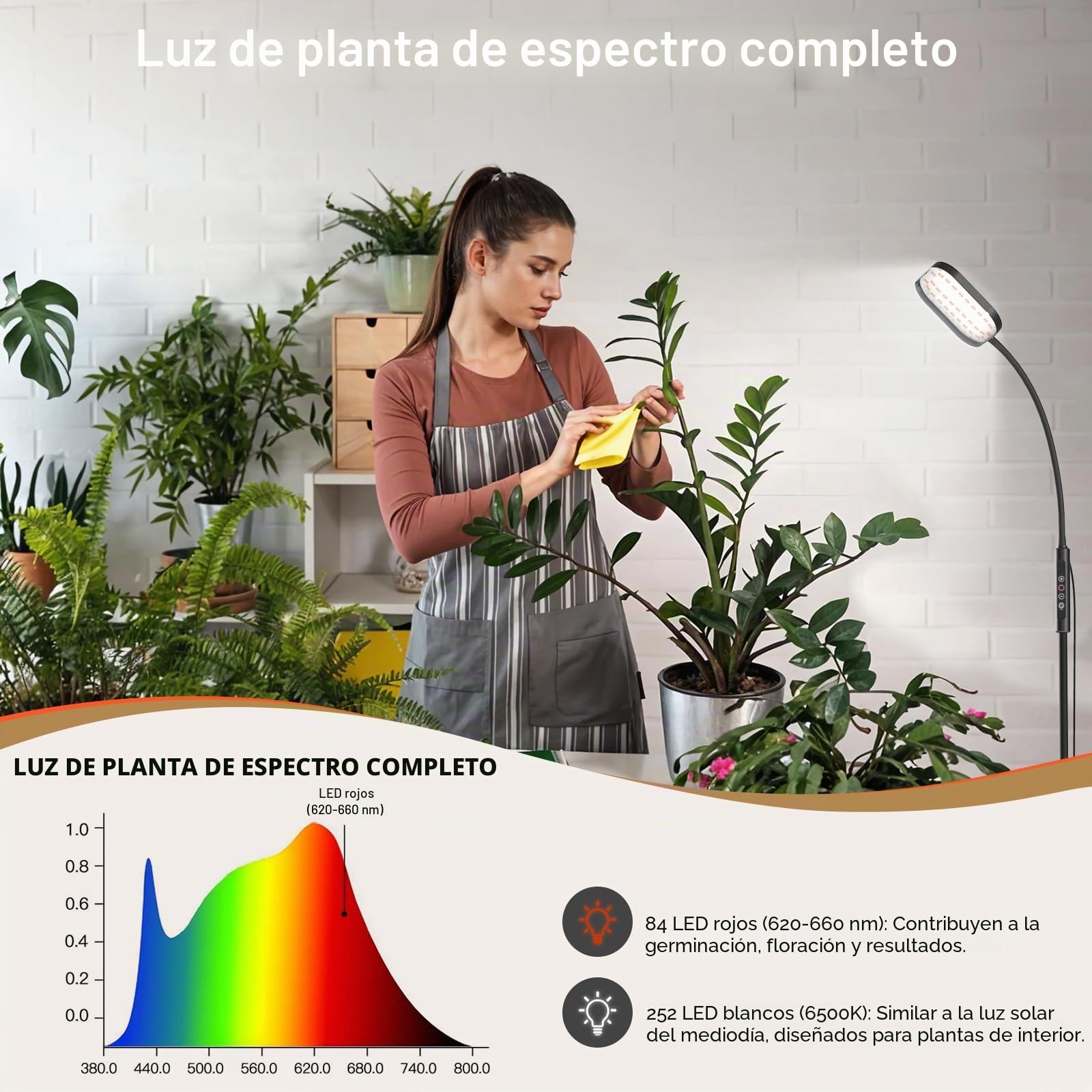 Mojimdo Lámpara para Plantas 336 LED, Espectro Completo 10W, 5 Niveles de Brillo, 3 Alturas Ajustables, Cuello Flexible 360°, Temporizador, Ideal para Plantas de Interior