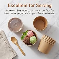 Vista 5 de Lyellfe Paquete de 100 cuencos desechables para helado, 8 onzas, cuencos de papel kraft resistentes con tapas, recipiente de sopa para postre