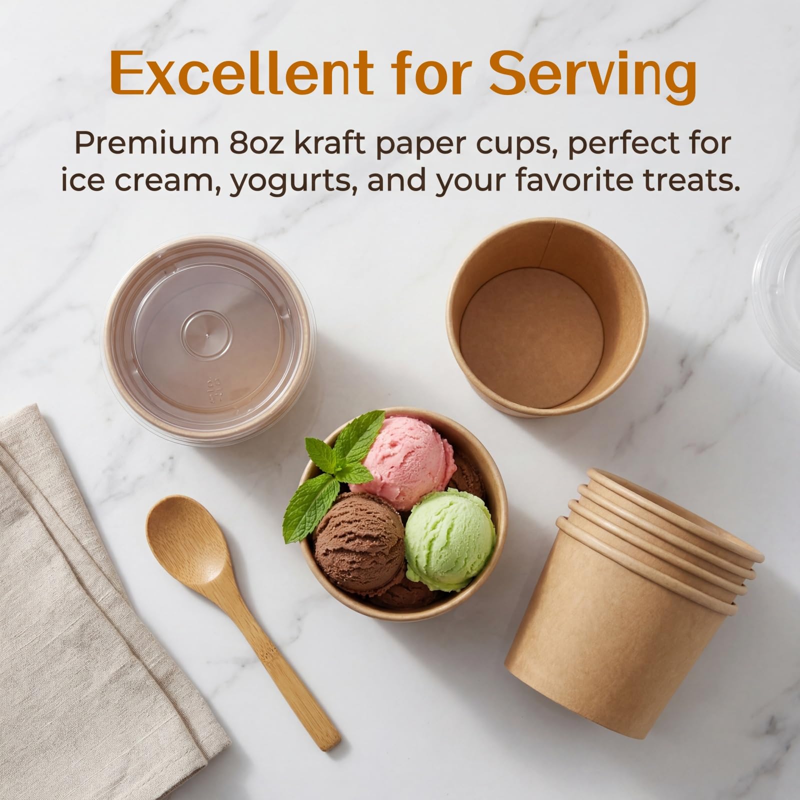 Lyellfe Paquete de 100 cuencos de papel desechables con tapas, tazón de papel kraft resistente de 8 onzas, contenedor de sopa para llevar, tazas de postre para helado, yogur, frío y caliente