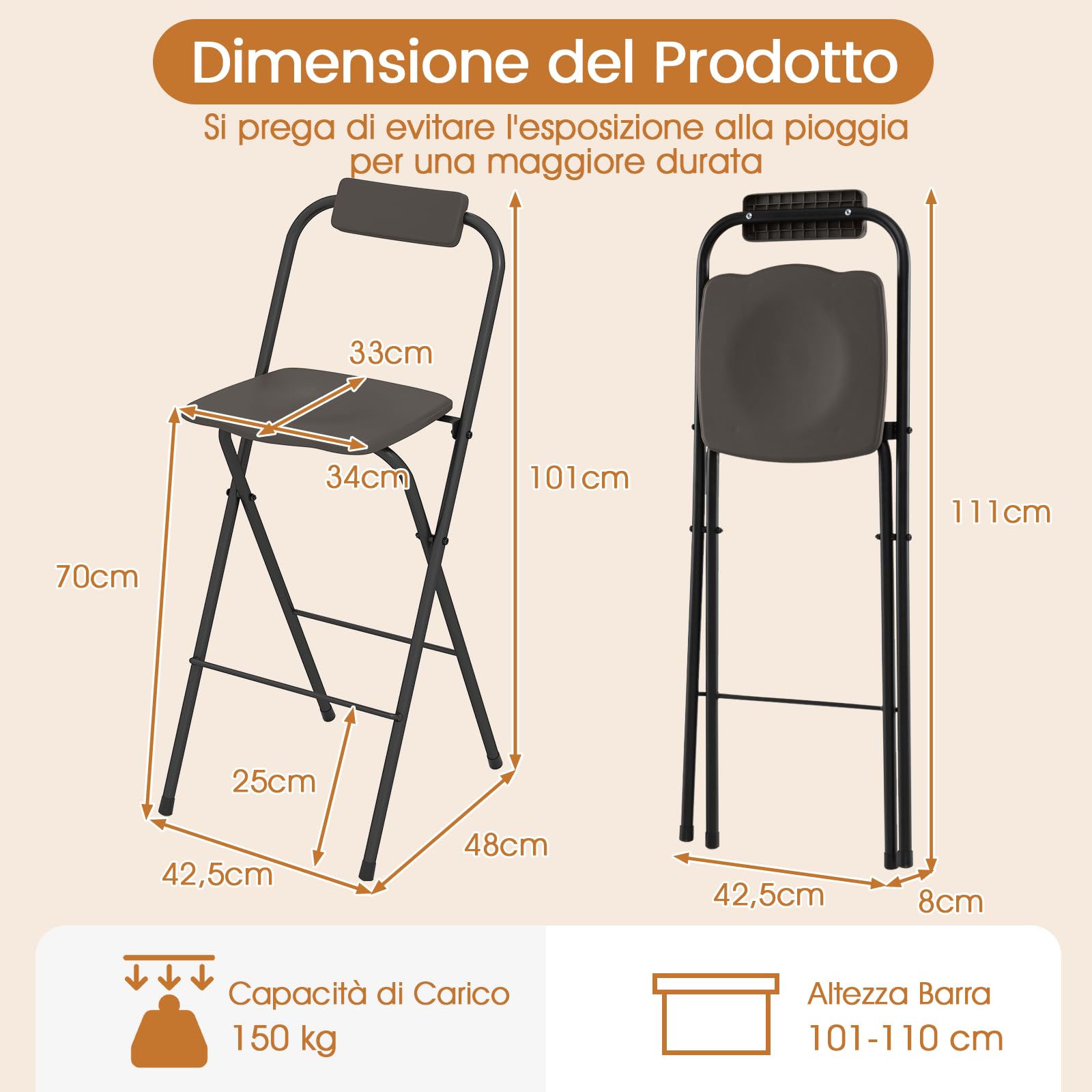 COSTWAY Set di 2 Sgabelli da Bar Pieghevoli, Sedia Alta con Schienale e Poggiapiedi, Struttura in Metallo, per Interno ed Esterno, Portata 150 kg (Grigio)