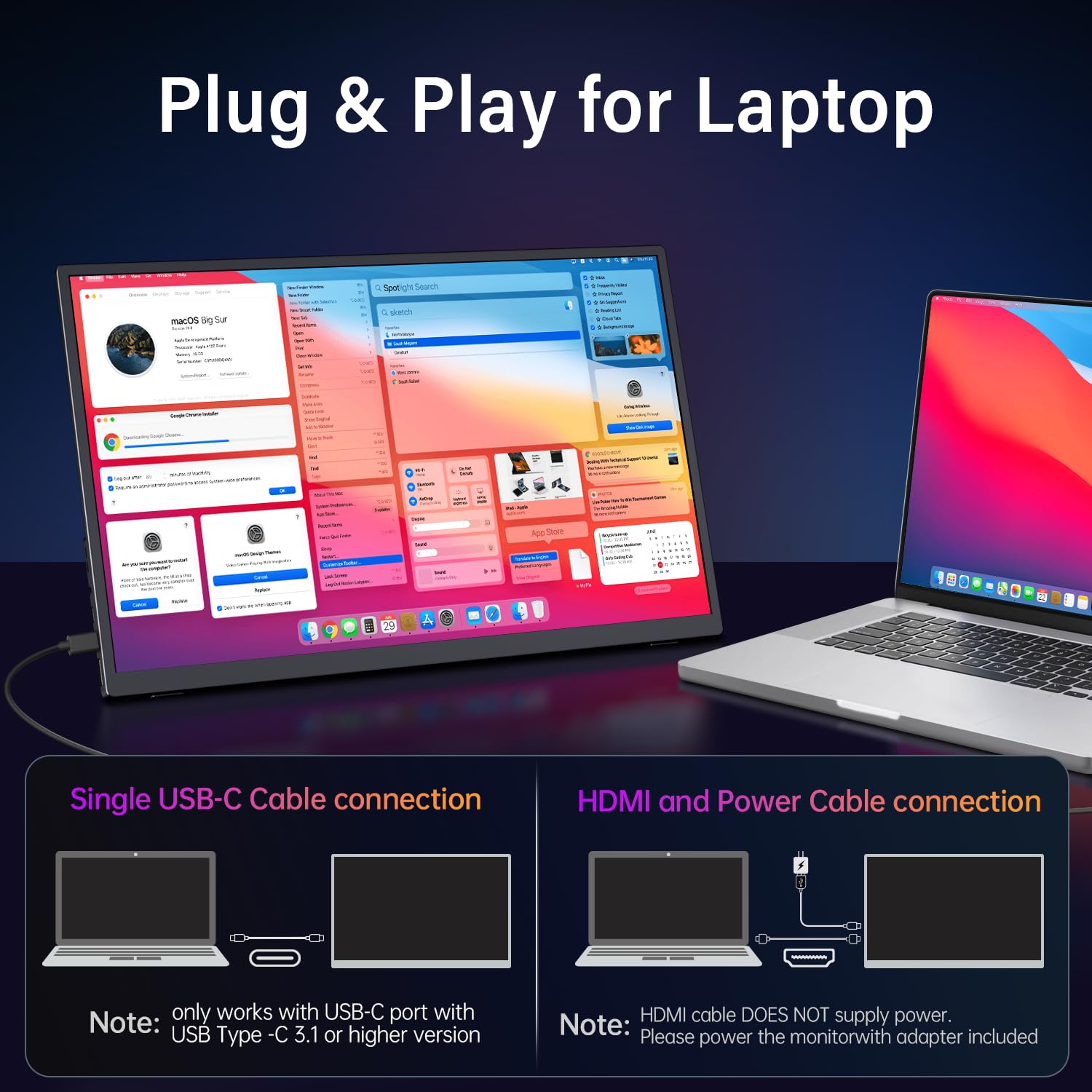 Monitor portátil 18.5" 100Hz FHD USB-C HDMI monitor de viaje con soporte integrado, VESA y altavoces, monitor de juegos portátil HDR para cuidado de los ojos