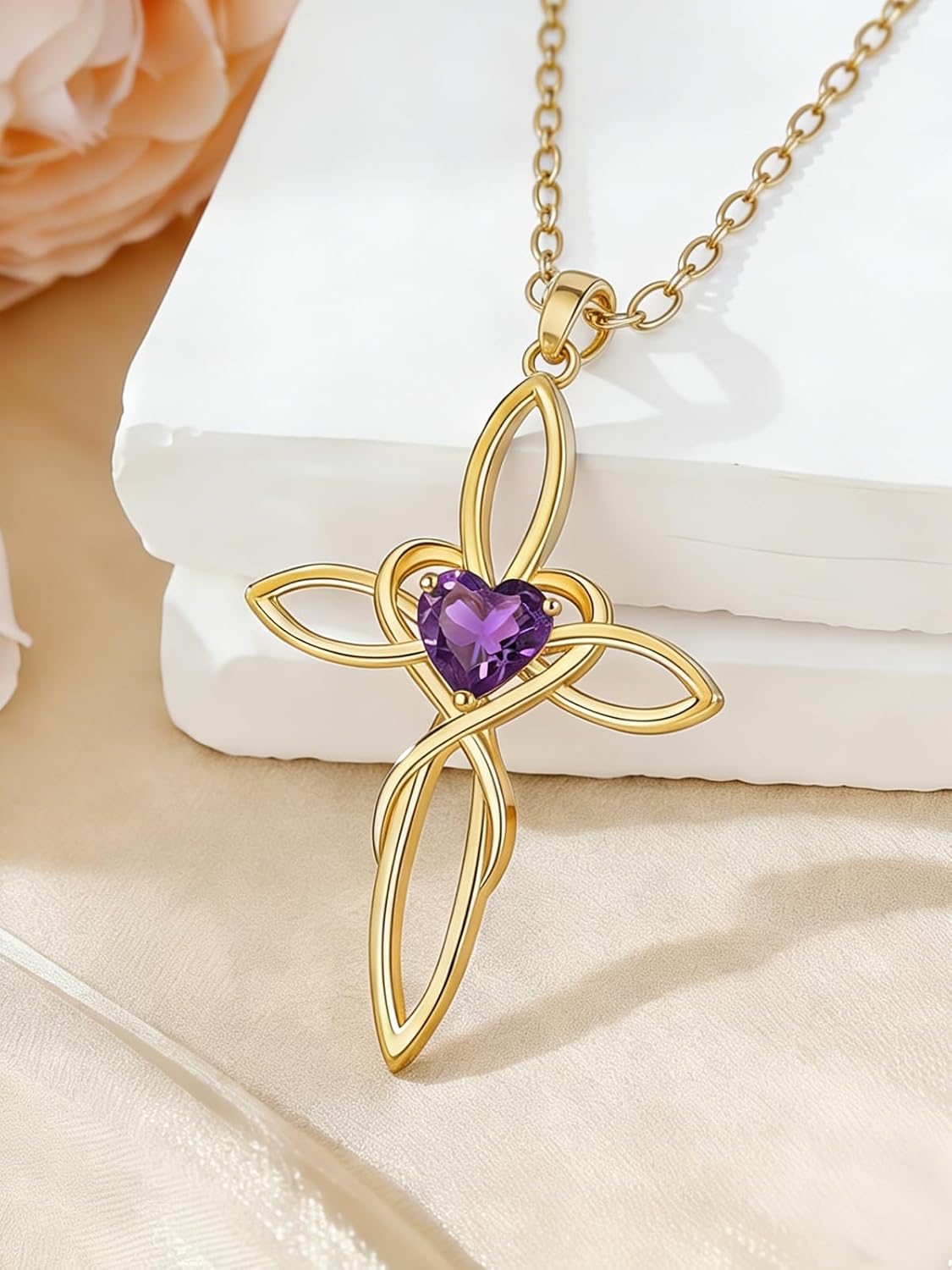 POIUY Celtic Knot Cross Necklace for Women 14K Gold Irish Infinity Love Heart Cross Jewelry with Birthstone Pendant Valentines Day Birthday Gifts for Her - Image 3