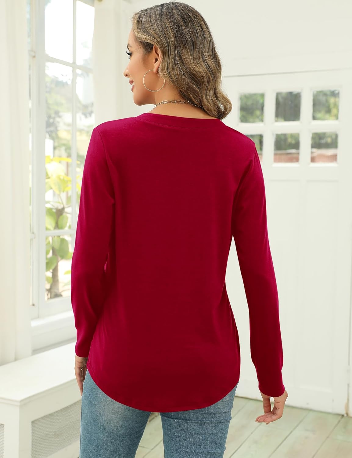 Ivicoer Womens Tops Henley V Neck Pleated Casual Blouses Long Sleeve Shirts Button Up Tunic - Image 6