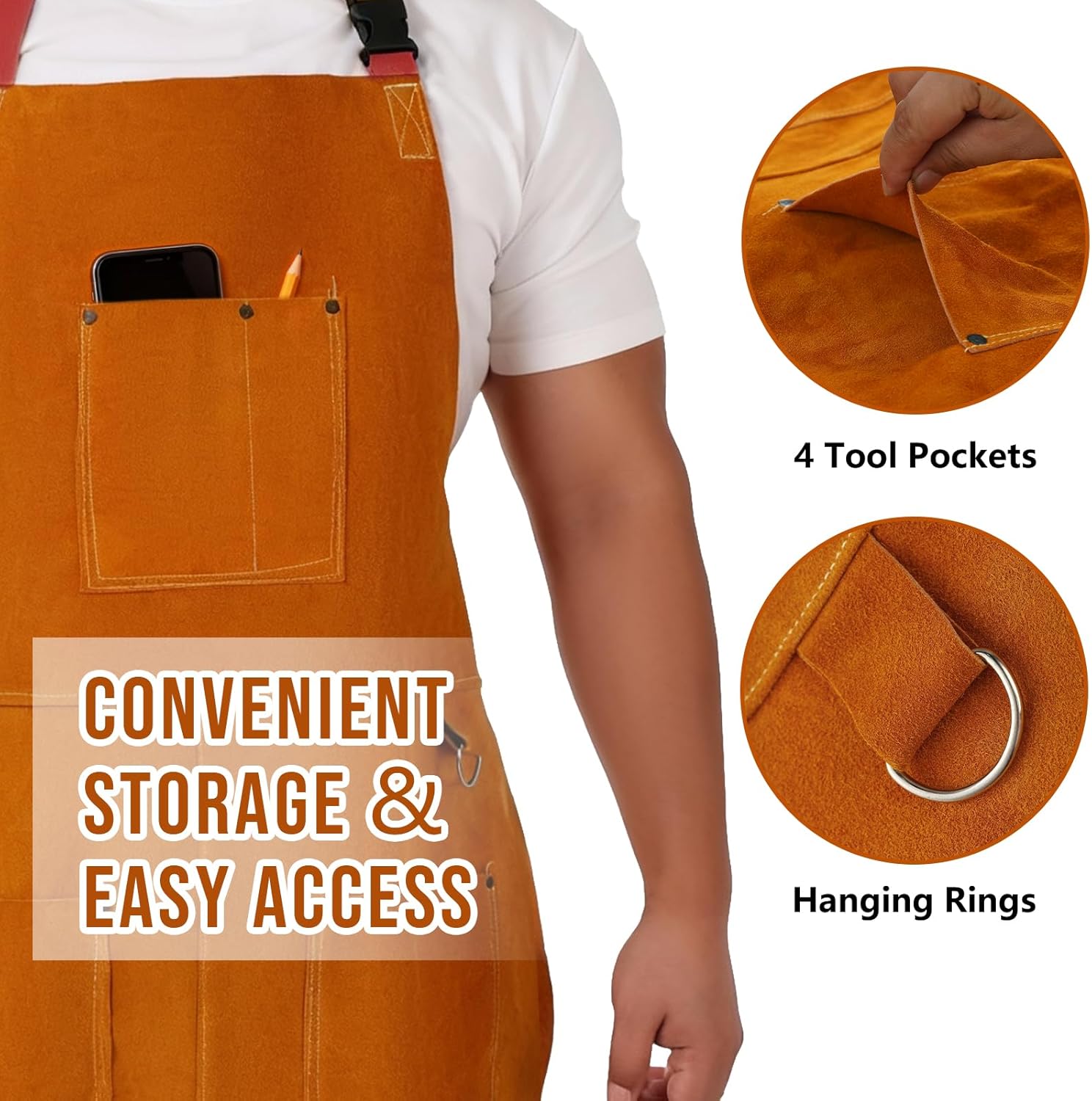 ETERNA Leather Welding Apron for Men & Women, Heat & Flame Resistant Cowhide Work Apron with Adjustable Strap,4 Tool Pockets
