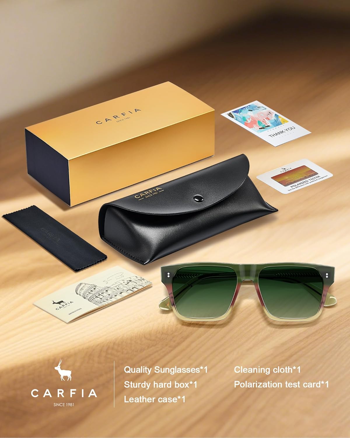 CARFIA Modern Sunglasses for Men Polarized UV400 Protection Flat Large Wrap Square Acetate Driving Glasses