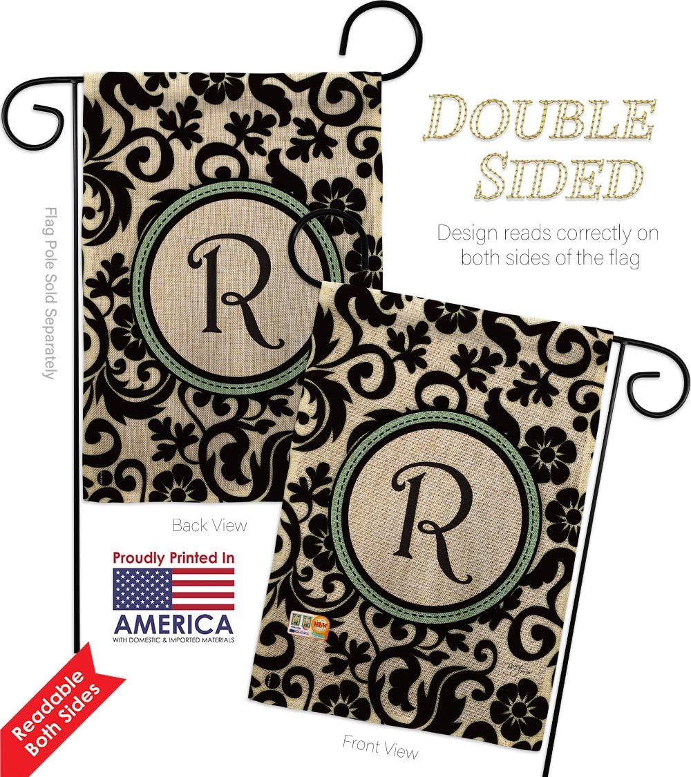 Damask R Initial Burlap Garden Flag Monogram Country Living Simply Beauty Floral Vintage Letter Everday Classic Small Decorative Gift Yard House Banner Double-Sided Made In USA 13 X 18.5