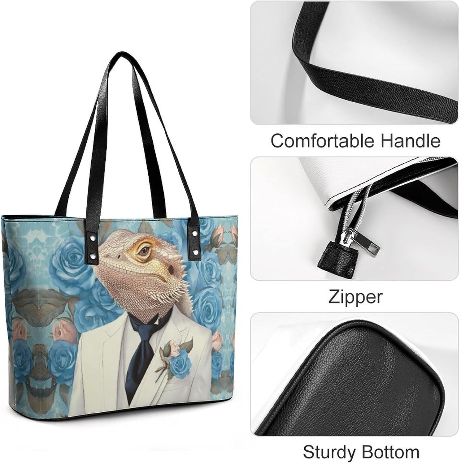 Bearded Dragon Lizard Gentleman Women's Tote Leather Handbag Shoulder Bag Purse for Shopping Travel