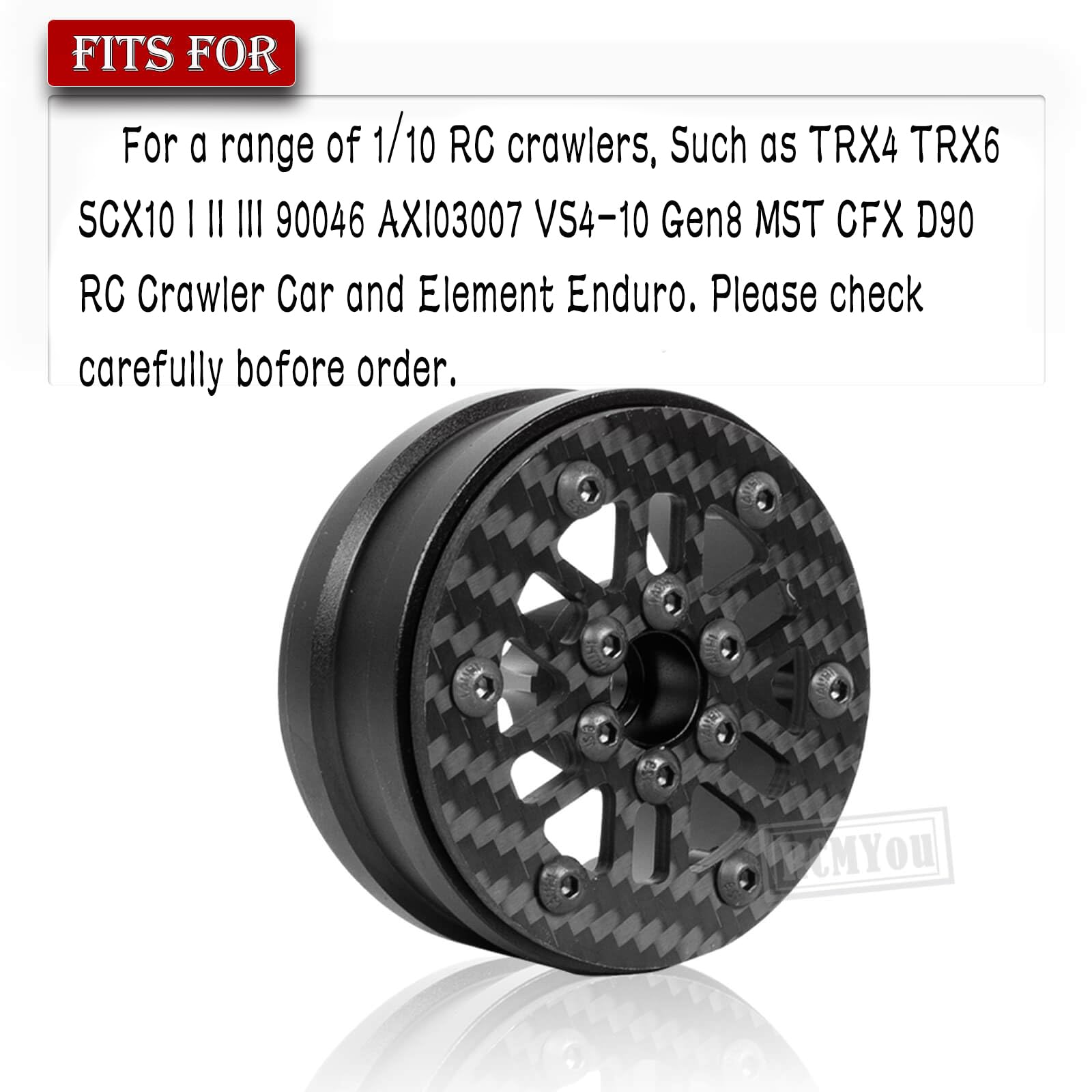 RCMYou RC 1.9In Beadlock Wheels Ultra Lightweight Performance Carbon Fiber faceplate for 1/10 TRX4 TRX6 SCX10 I II III 90046 AXI03007 VS4-10 Gen8 MST CFX D90 RC Crawler Car(Black-D)