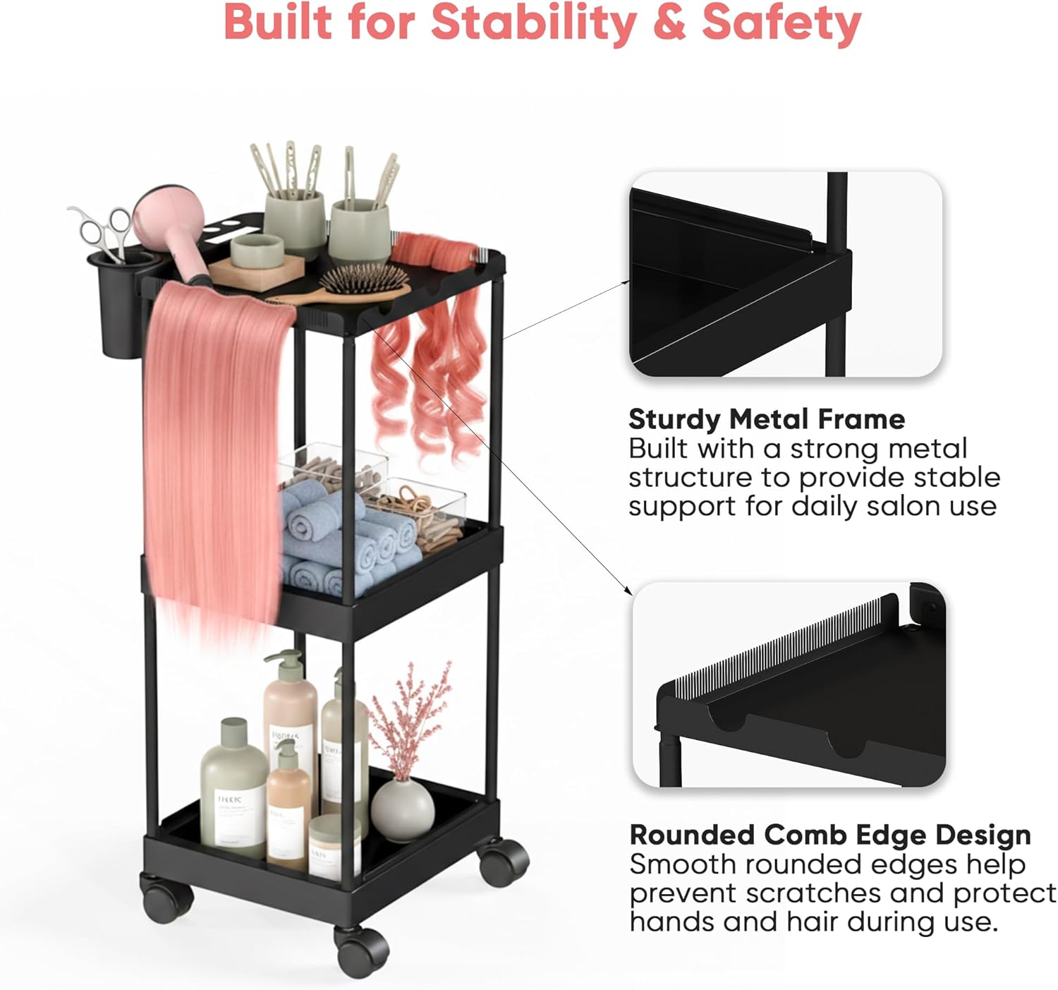 Hair Extension Organizer Cart - Professional Salon Storage Trolley with Wheels, Rolling Hair Tool Cart with Trays & Holders for Hair Extensions, Styling Tools and Accessories