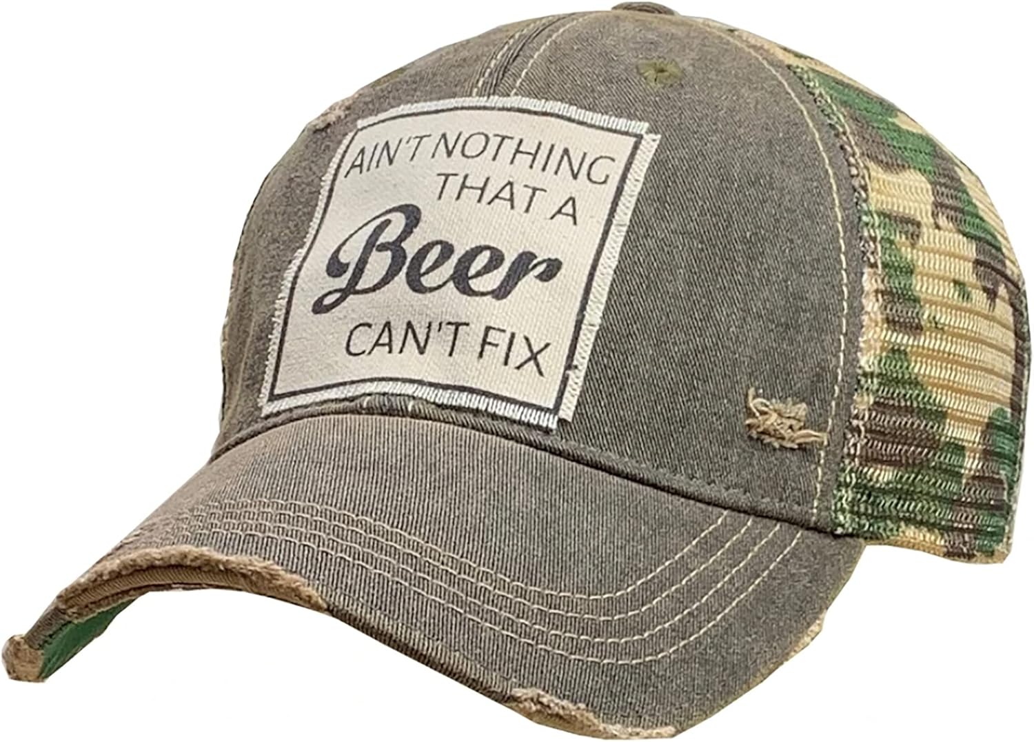 VINTAGE LIFE Distressed Baseball Caps Funny Trucker Hats with Sayings, Unisex (Ain't Nothing a Beer Can't Fix (Bk Camo)), One Size