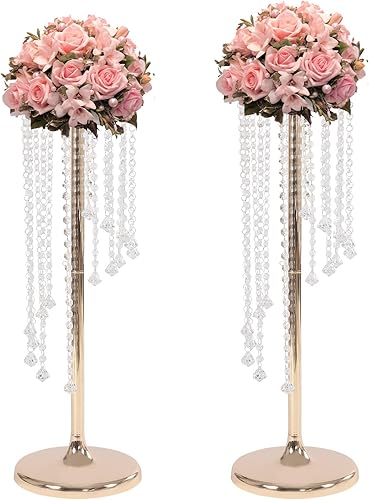 Centros de mesa de boda, jarrón de flores doradas, 2 piezas de 27.5 pulgadas de alto, jarrón de metal para decoración de mesa, elegante decoración