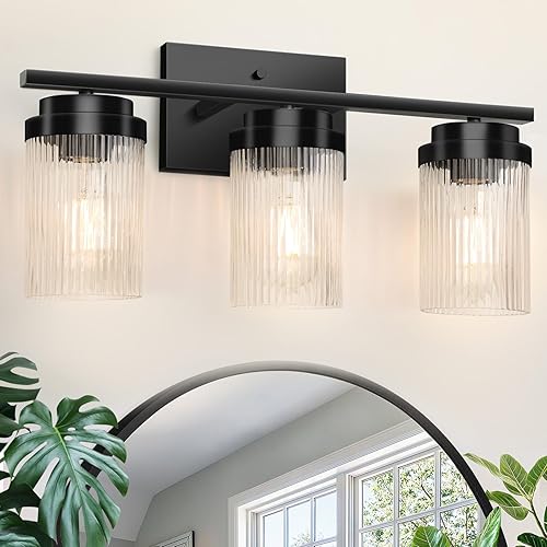 Lámparas de baño negras Lámpara de tocador de baño de 3 luces con pantalla de vidrio ranurado Luces de tocador para baño Accesorios de iluminación