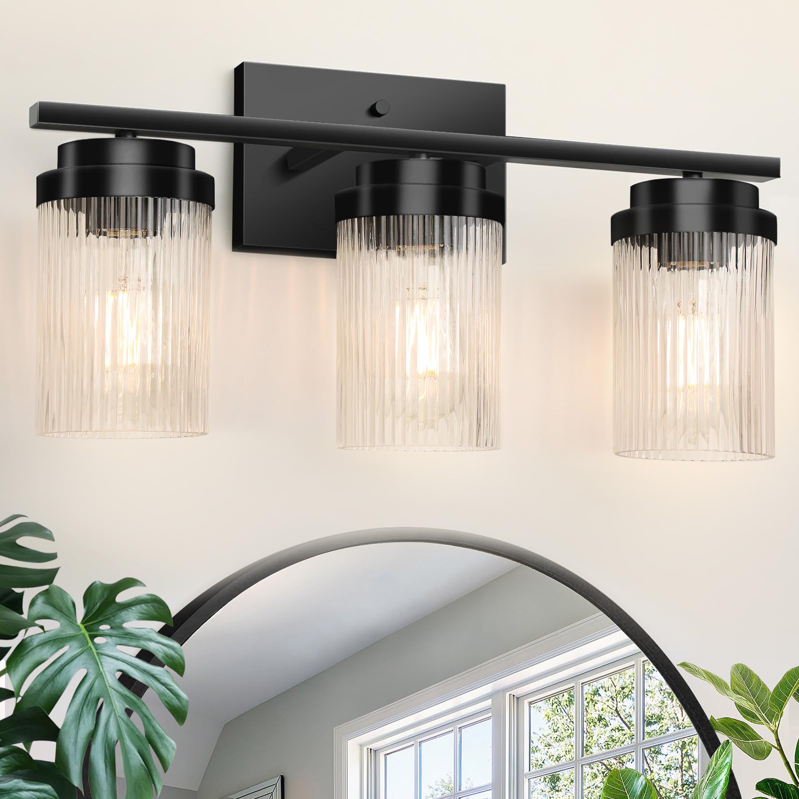JUNNAI Black Bathroom Light Fixtures: 3 Light Bathroom Vanity Light with Grooved Glass Shade | Vanity Lights for Bathroom | Vanity Lighting Fixtures Wall Mount | Bathroom Lights Over Mirror