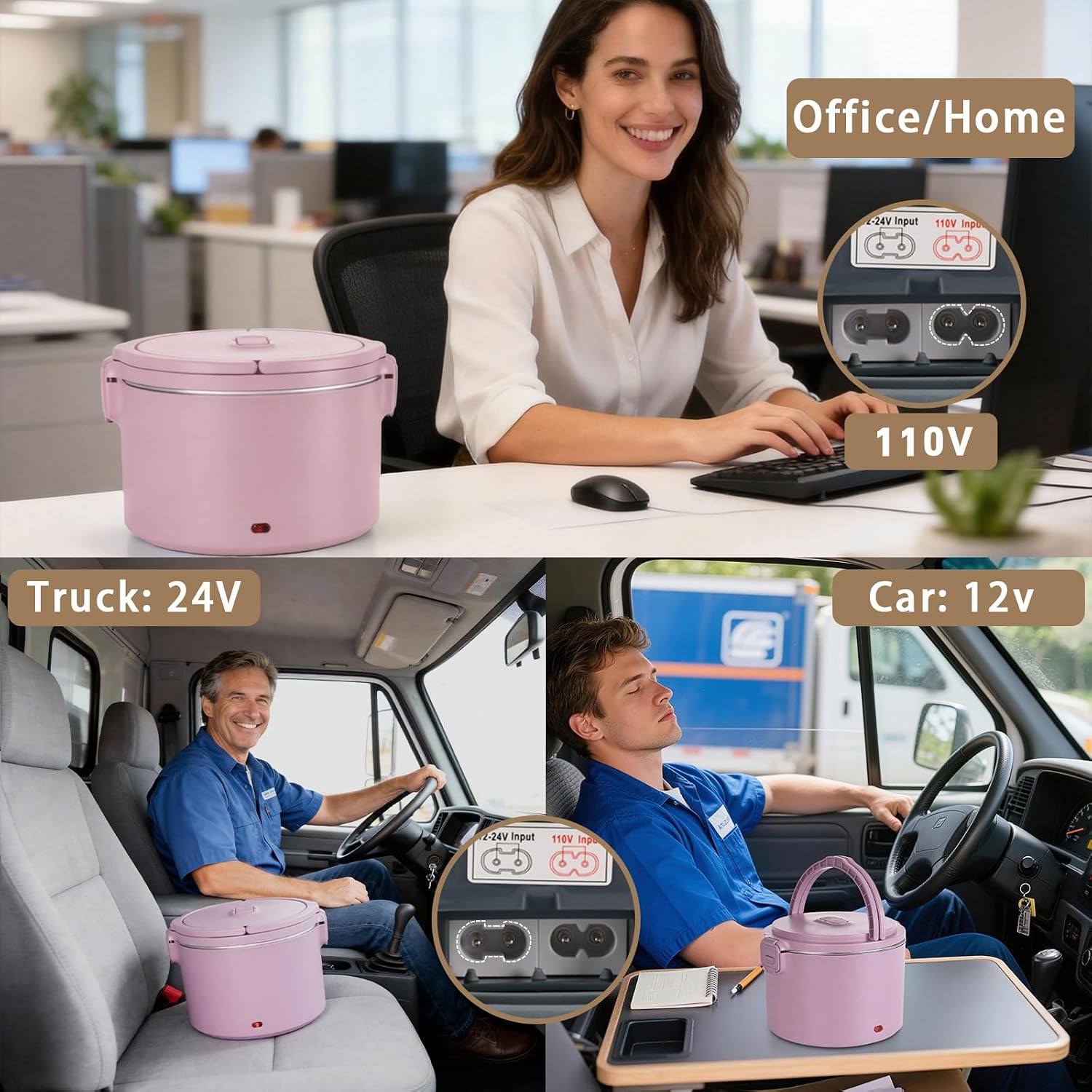 1.5L Electric Lunch Box, 100W Portable Food Warmer, 12/24/110V for Travel, Work, Car, Truck, On-the-Gofor(Pink)