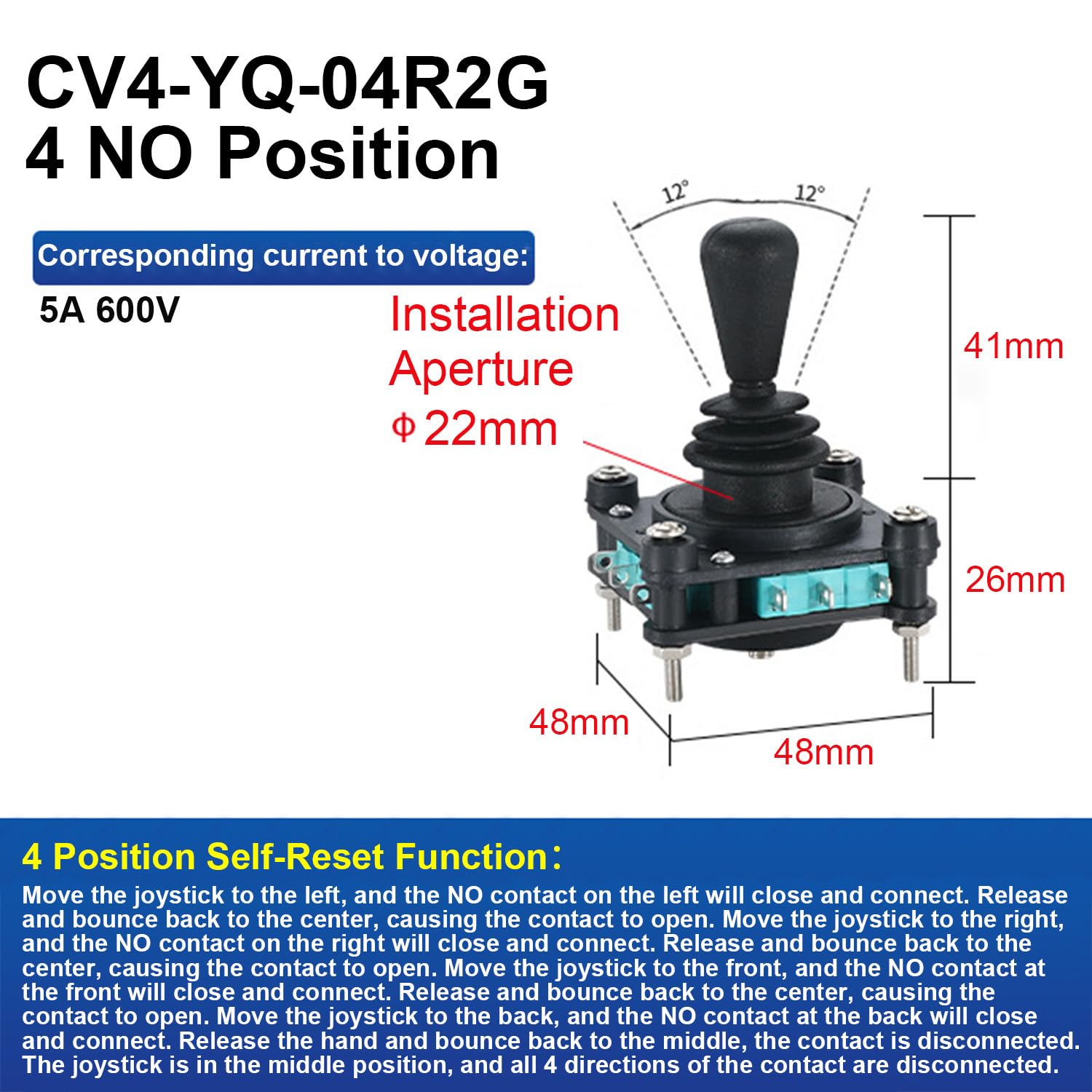 Joystick Switch 4 Position 4NO Momentary Joy Stick Switch 600V 5A | Panel Mount Toggle Switch with 30mm Mounting Hole for Industrial Control, CV4-YQ-04R2G