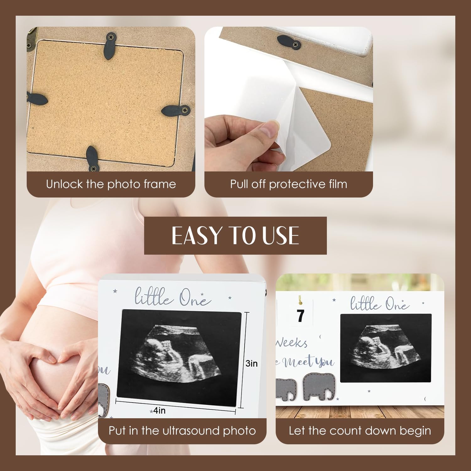 Tissting Baby Scan Photo Frame 9 x 5in Solid Wood Sonogram Picture Frame with Countdown Calendar, Baby Ultrasound Photo Frame for 3 x 4in Photos - Image 3