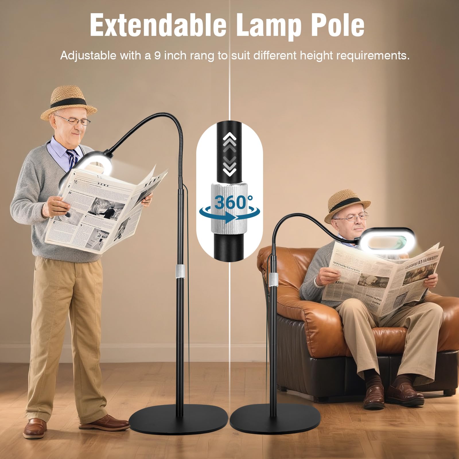 Lupa grande con luz y soporte, lente de vidrio óptico rectangular de 15X, lámpara de pie de lupa de cuello de cisne ajustable en altura, 5 modos de color, LED regulable, manos libres para trabajos