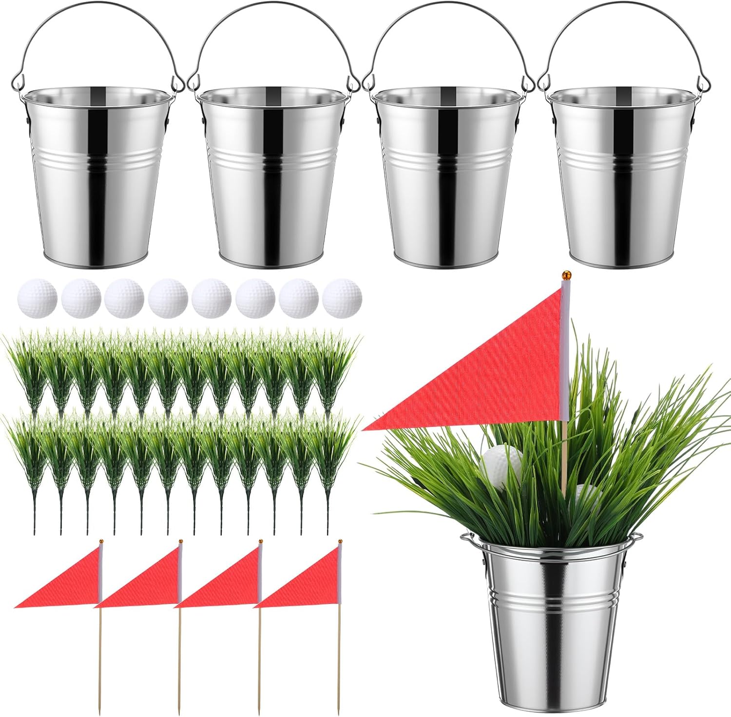 4 Sets Golf Centerpieces Table Decorations Including 4 Tin Flower Pot 24 Artificial Spring Grass 8 Golf Balls and 4 Red Triangle Flags for Themed Birthday Party Decor