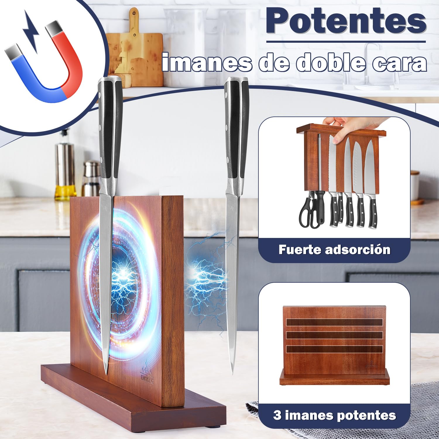 ENOKING Soporte Iman Cuchillos De Cocina, Bloque MagnéTico Doble Cara Para Utensilios Cocinero, Tacoma Sin Cuchillos De Acacia Para Cocina Para ExhibicióN Y Almacenamiento De Cubiertos