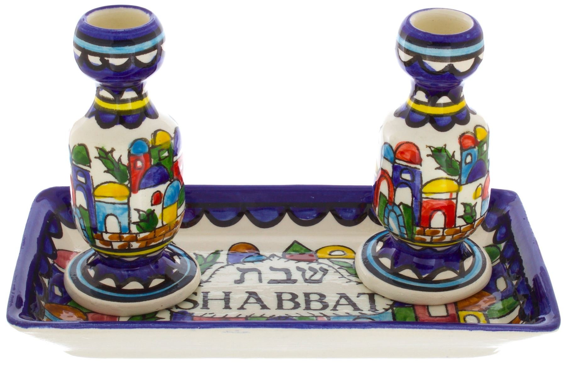Armenian Ceramics Shabbat Candlesticks with Tray, Old City Scene