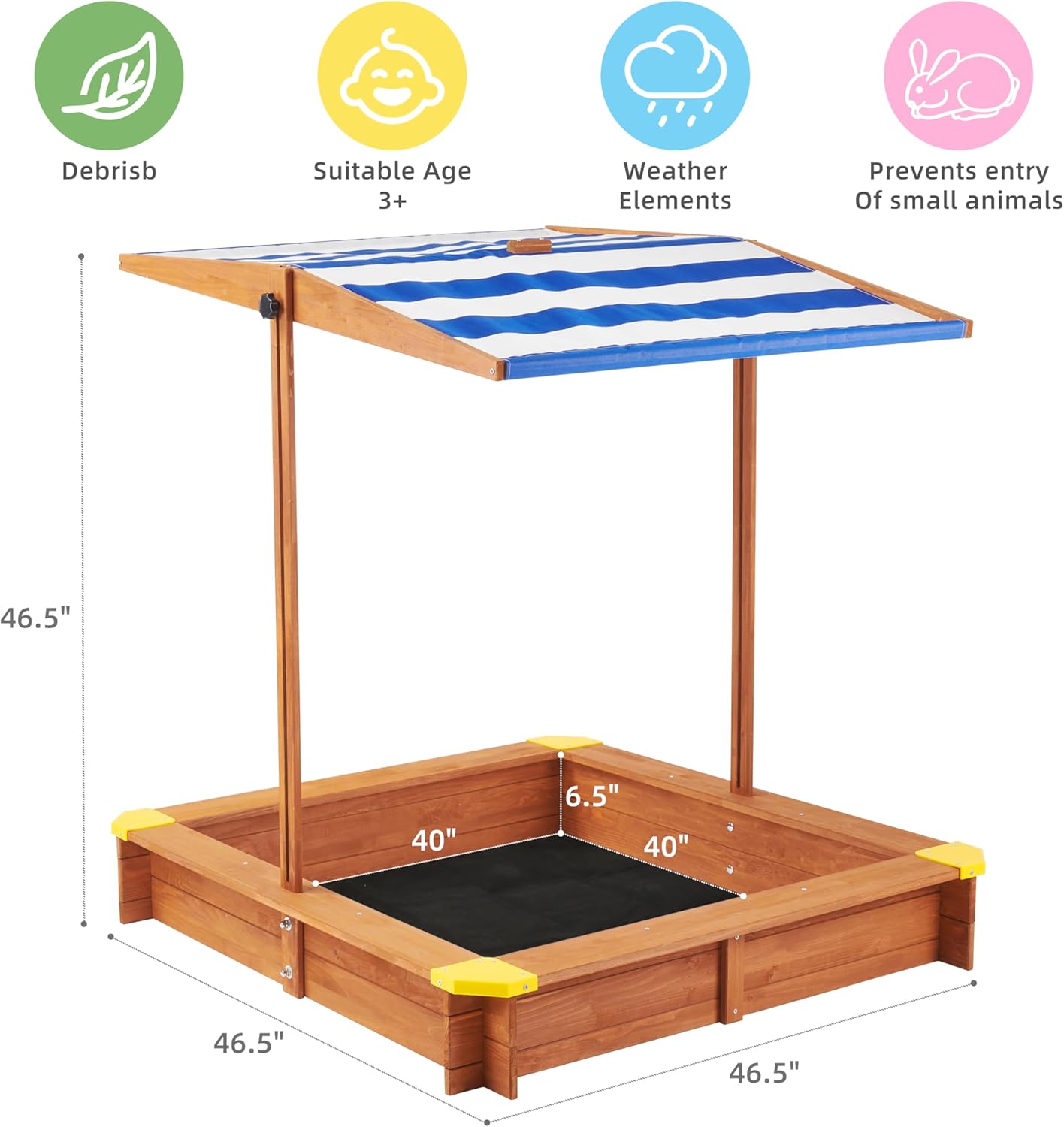 Kid's Sandbox with Cover, 46''x46'' Outdoor Wooden Sandpit w/Adjustable Canopy for Backyard Play